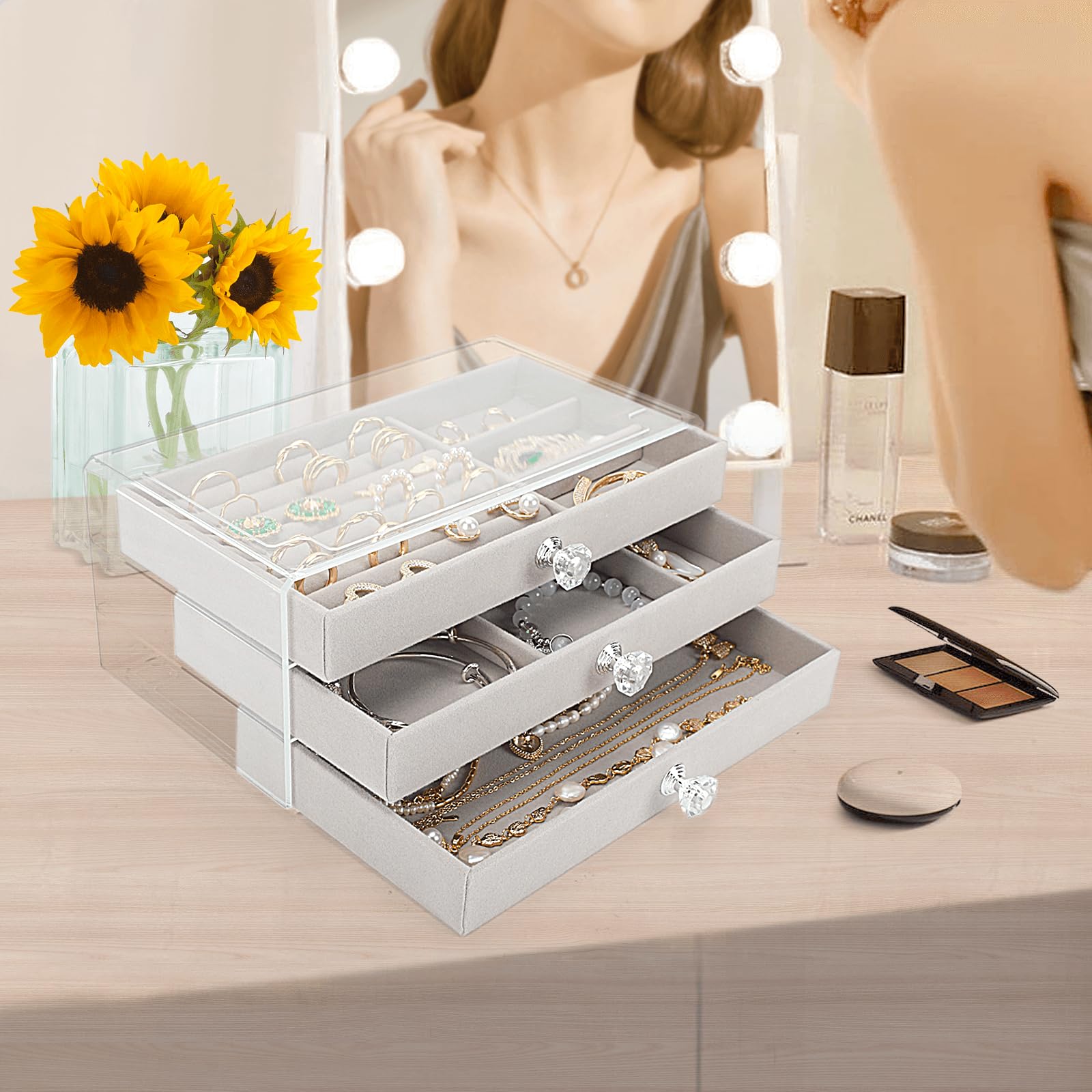 coobest Jewelry Box, 3 Drawer Jewelry Holder Organizer, Jewelry Boxes & Organizers with Earring Organizer, Jewelry Holder Box, Clear Jewelry Organizer Box for Jewelry Storage, Mothers Day Gifts