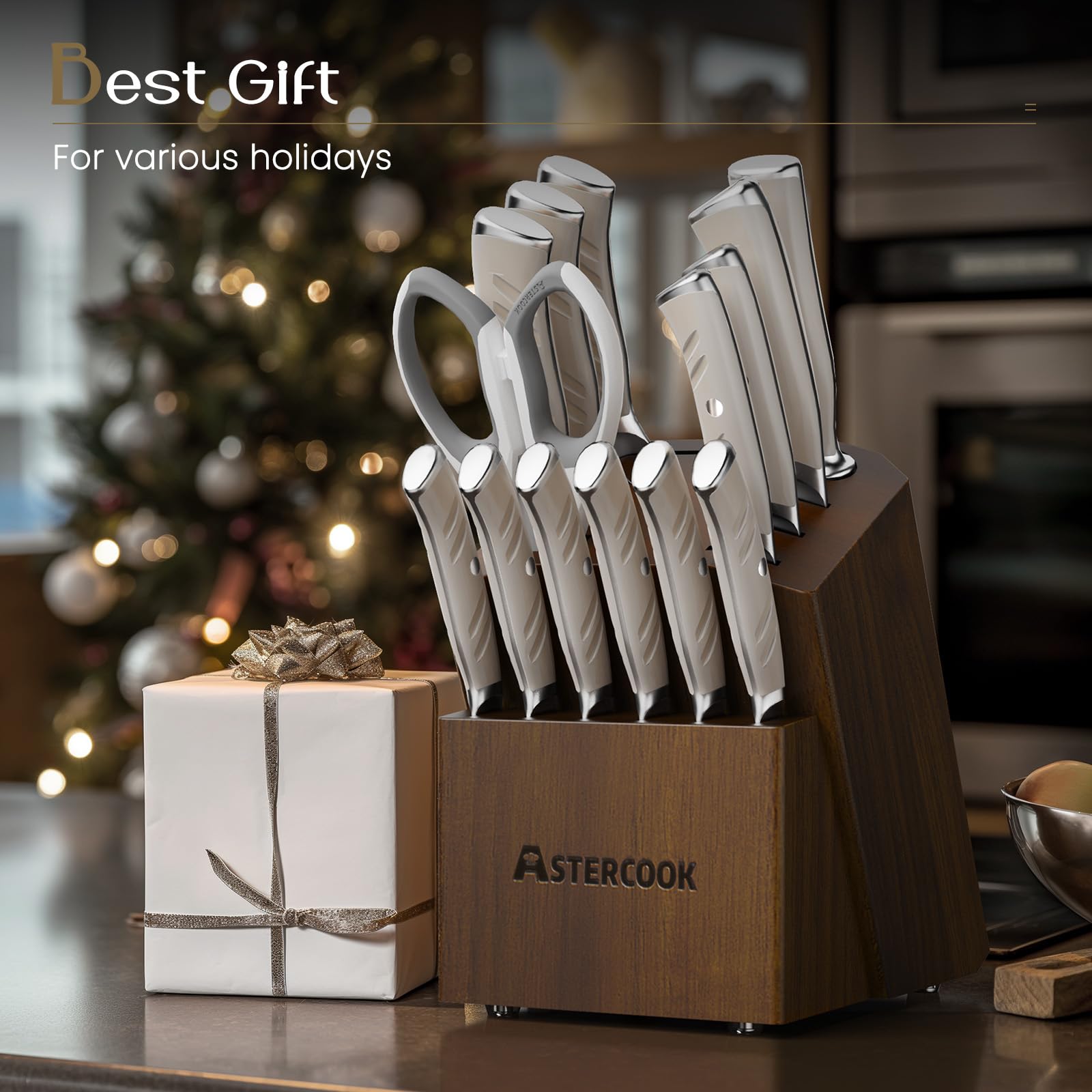 Knife Set, Astercook 15 Pcs Luxurious Kitchen Knife Set with Block, High Carbon German Stainless Steel Knife Block Set