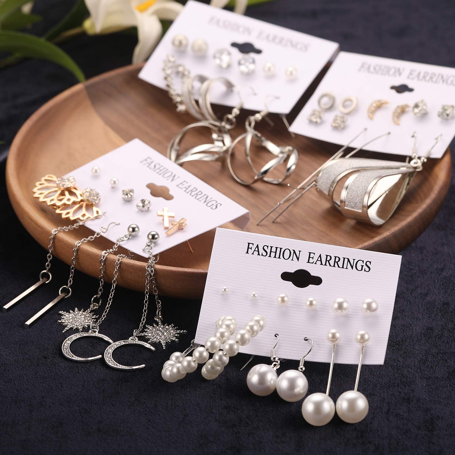 Fashion Earrings for Women Girls, Funtopia 68 Pairs Drop Dangle Earrings, Statement Stud Earrings Pearl Earrings Set for Party Jewelry Gift (Gold and Silver)