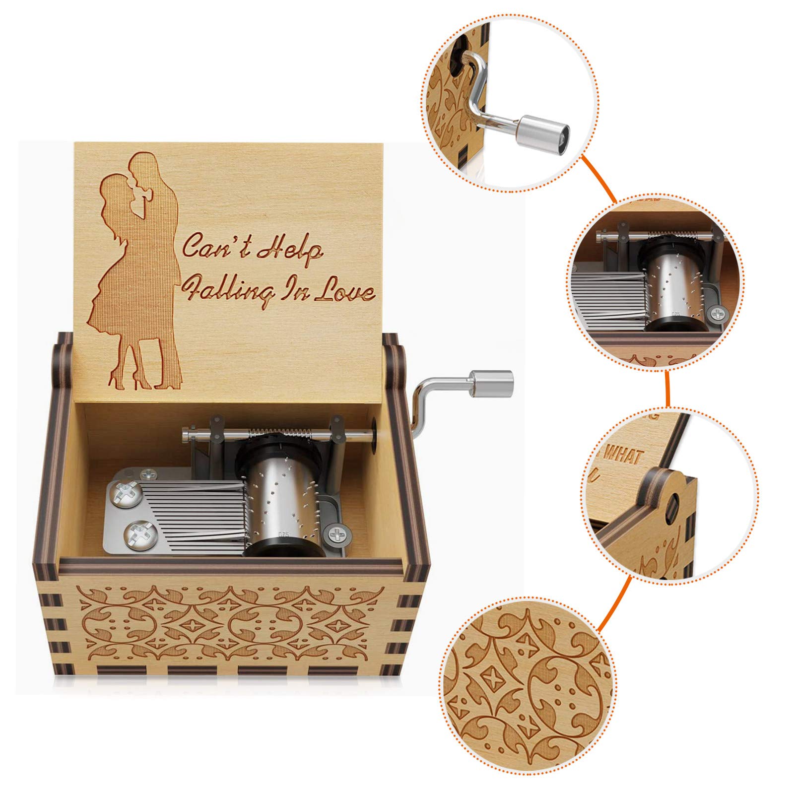 Can't Help Falling in Love Wood Music Box Hand-Operated Antique Engraved Cute Musical Boxes Gift for Love One, Boyfriend, Girlfriend, Husband,Wife Birthday/Wedding Day/Christmas Day Present