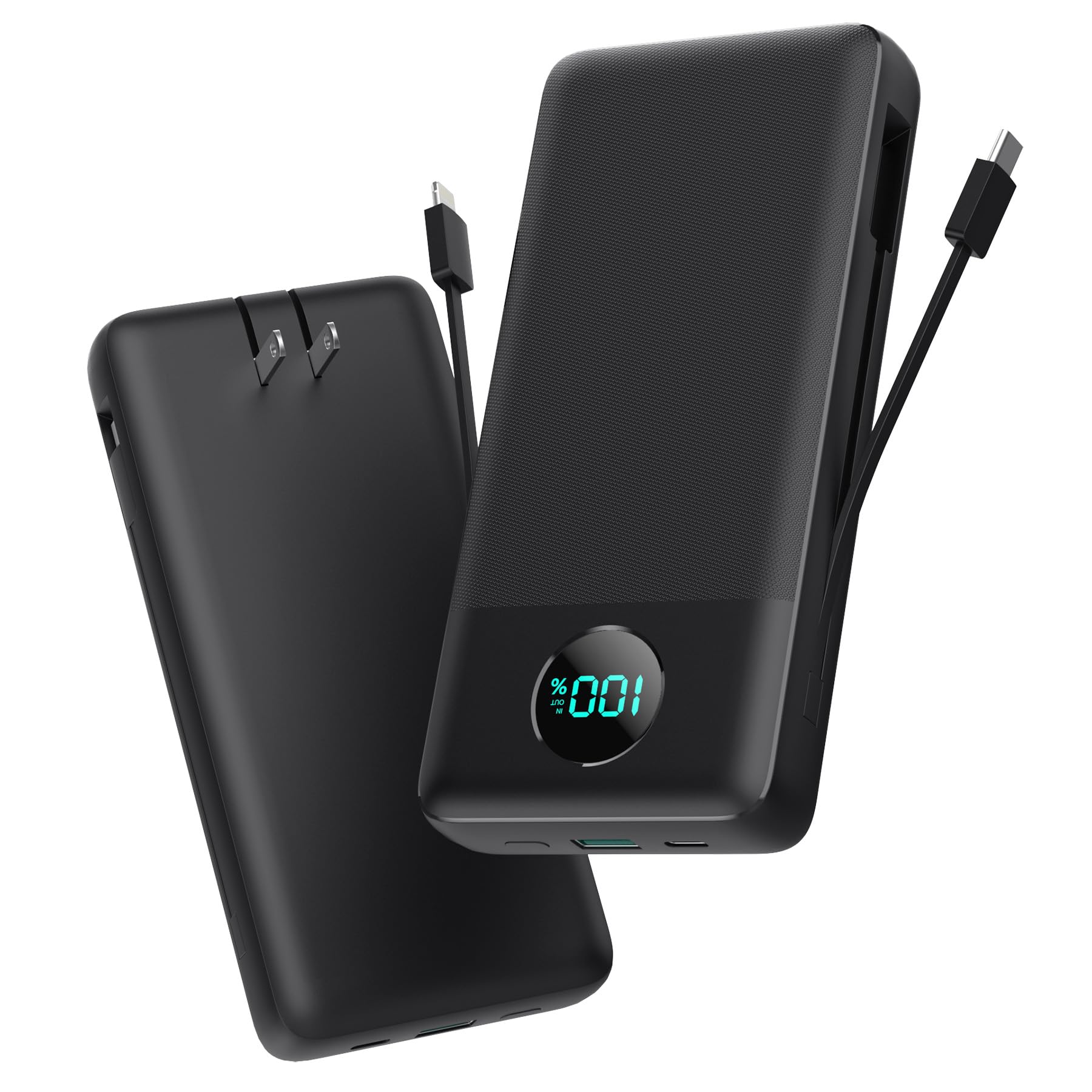 Portable Charger 33800mAh USB C Power Bank with Built-in Cables & AC Wall Plug,25W Fast Charging+QC 4.0 Phone Charger,4 Output LCD Display Battery Pack Compatible with iPhone15/14,Samsung,Android etc