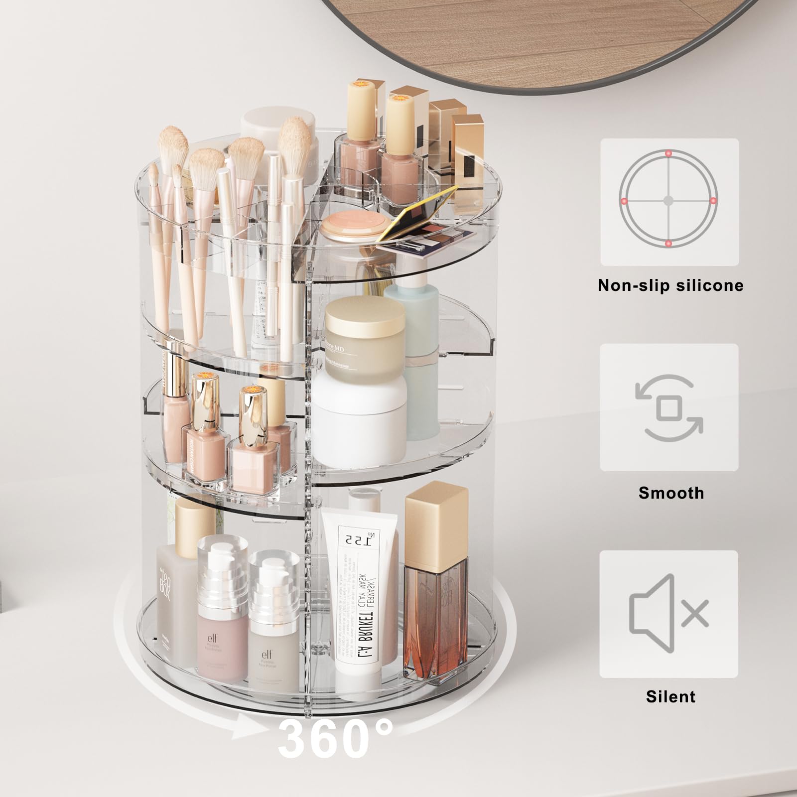 Lulltou 360 Rotating Makeup Organizer, Spinning Skincare Organizers with Slot Top, Cosmetic Storage Shelf with 8 Adjustable Layers, Revolving Perfume Organizer for Vanity Bathroom Countertop Bedroom