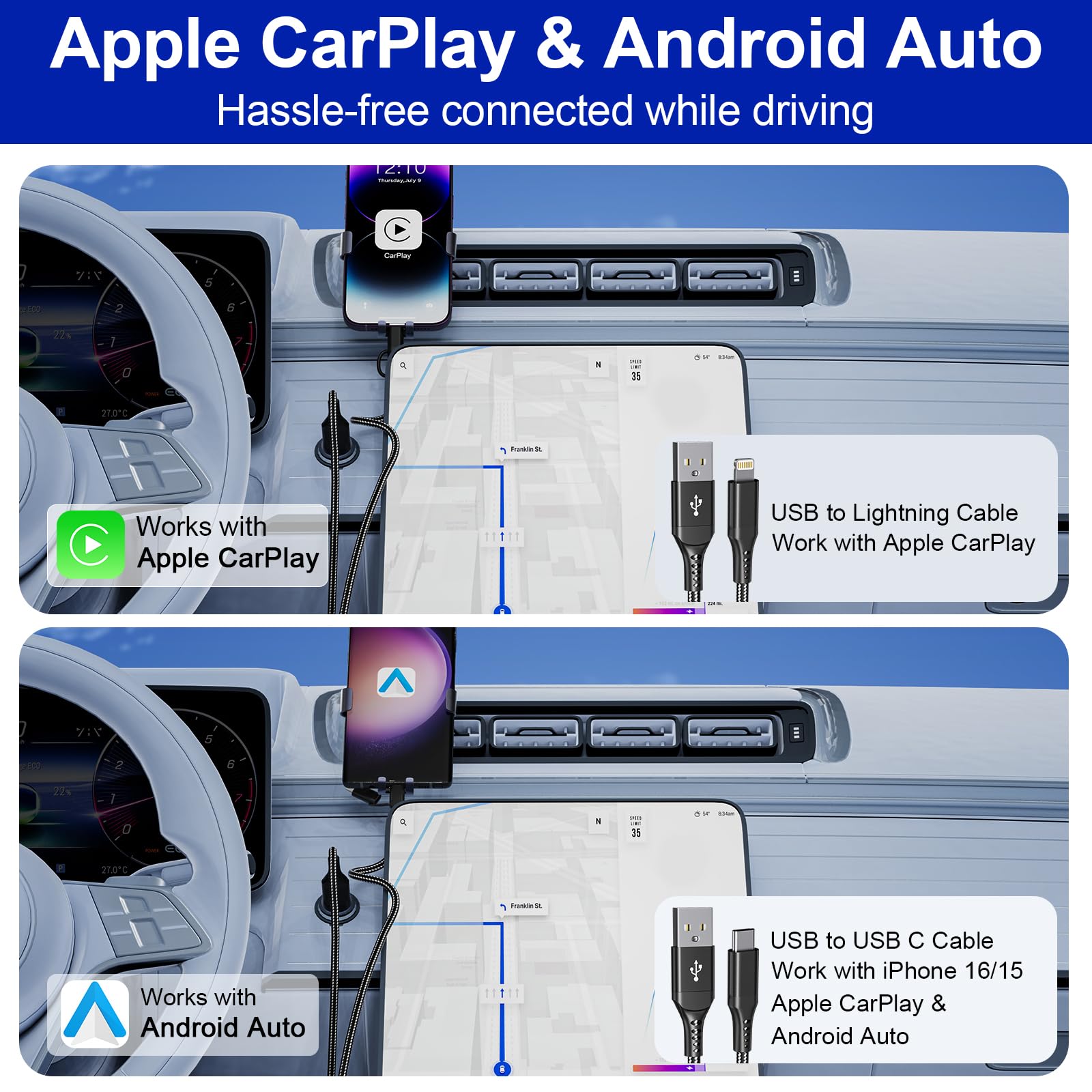 USB to USB-C and Lightning Cable Combo 6FT, 2 in 1 Nylon Braided iPhone Charger Cable Apple Carplay & Android Auto, [MFi & 3A Fast Charge] Multi iPhone Charging Cable Cord for iPhone 16/15/14/Android