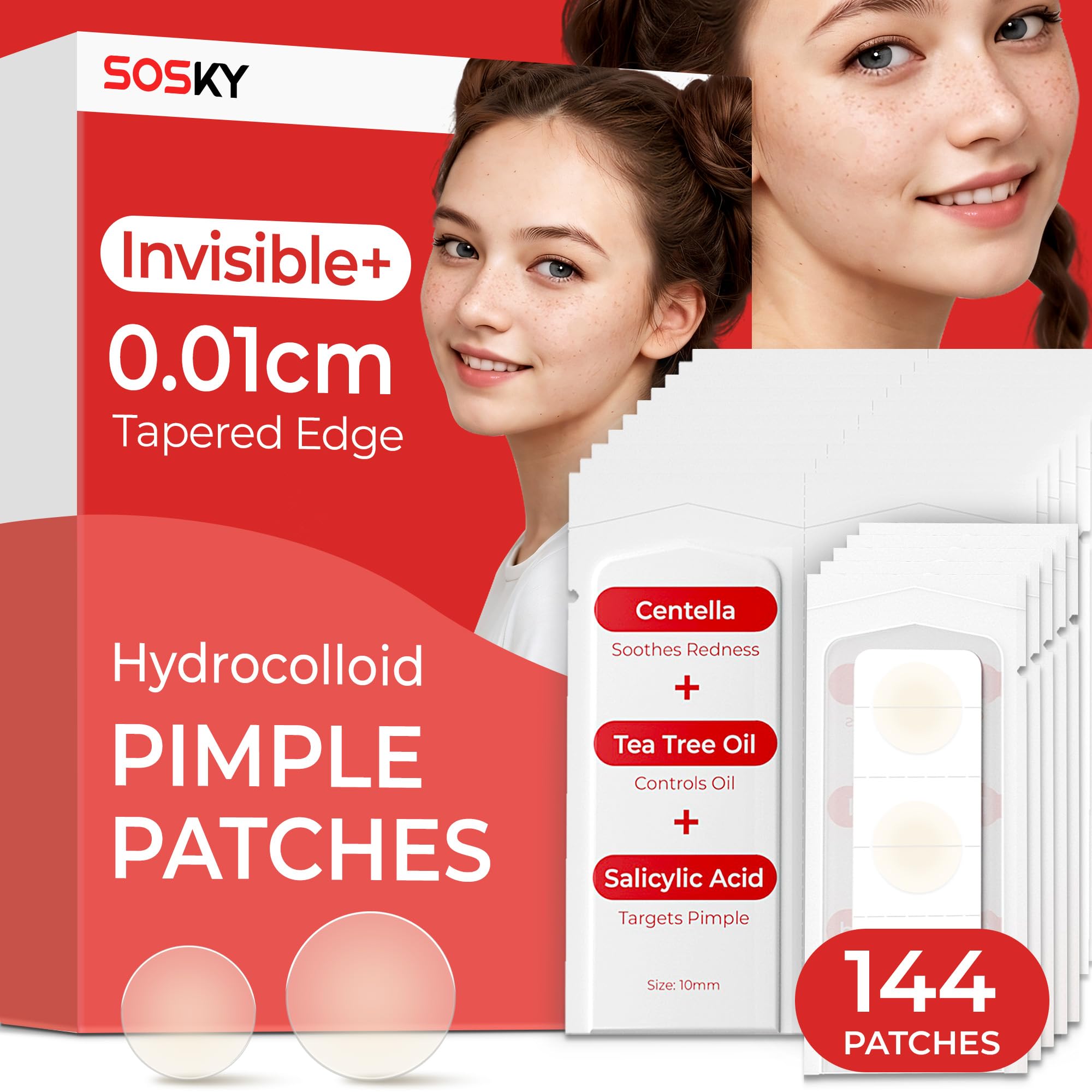 Sosky Pimple Patches for Face, FSA HSA Eligible Invisible Hydrocolloid Acne Patches, Zit Sticker for Face and Skin, Pimple Patches for Covering Zits, Blemishes with Salicylic Acid 2 Sizes 144 Count