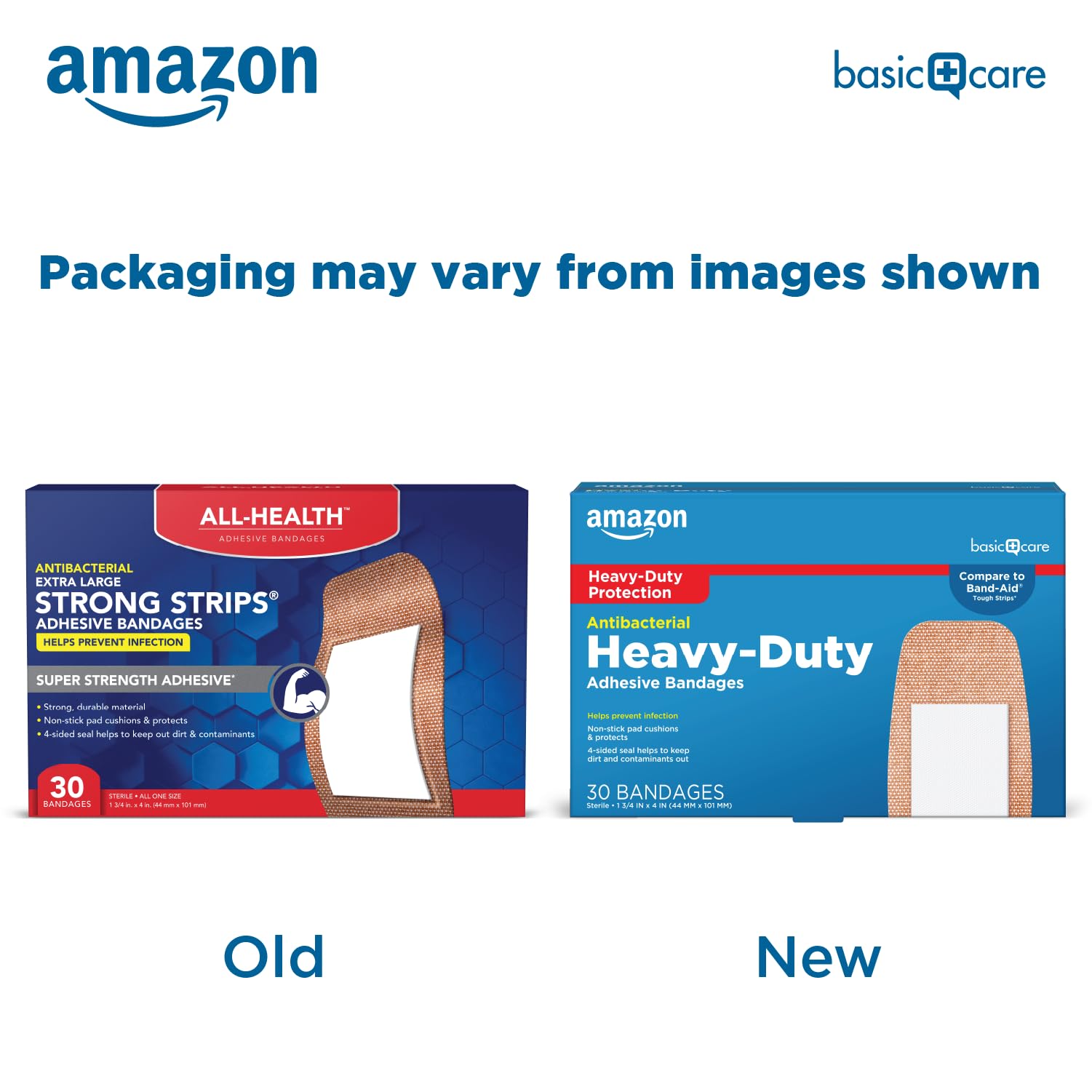 Amazon Basic Care Antibacterial Heavy Fabric Adhesive Bandages, Tough & Flexible Non-Stick Pad Cushion, Helps Prevent Infection Skin Protection, 1.75 x 4 inches (30 Count)