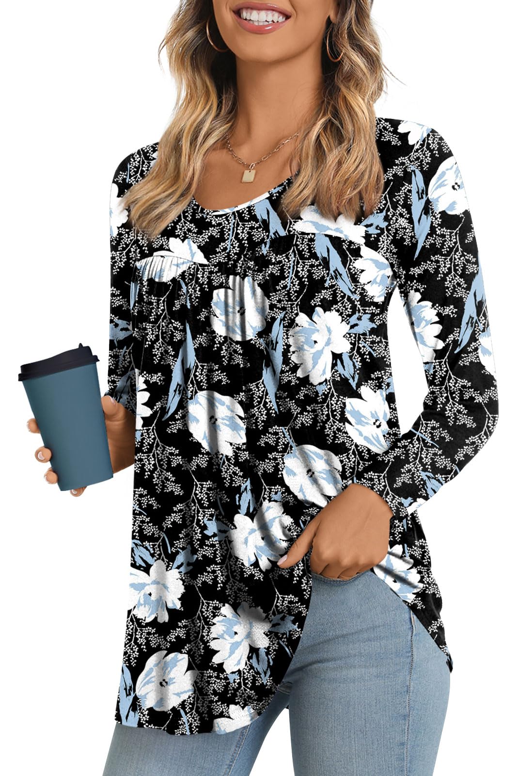 LONGYUAN Ladies Stretchy Blouse Comfy Printed Top Long Sleeve Loose Flare Tunic Tops White Lily Medium