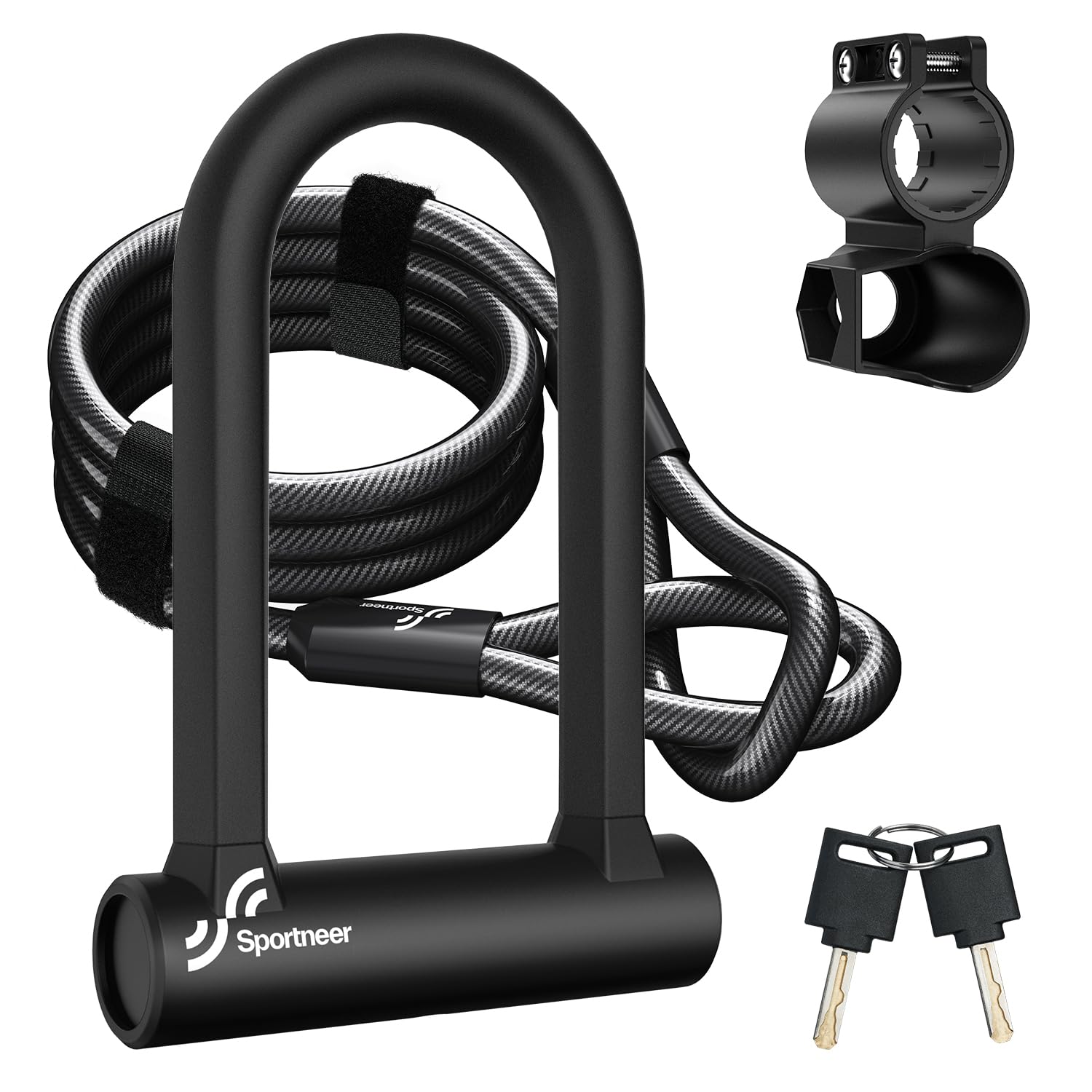 Sportneer Bike Lock: Heavy Duty Anti Theft Bike U Lock with 5ft Security Steel Cable - 17mm Shackle Bicycle U-Locks with Keys & Sturdy Mounting Bracket for Road, Mountain, Electric & Folding Bike