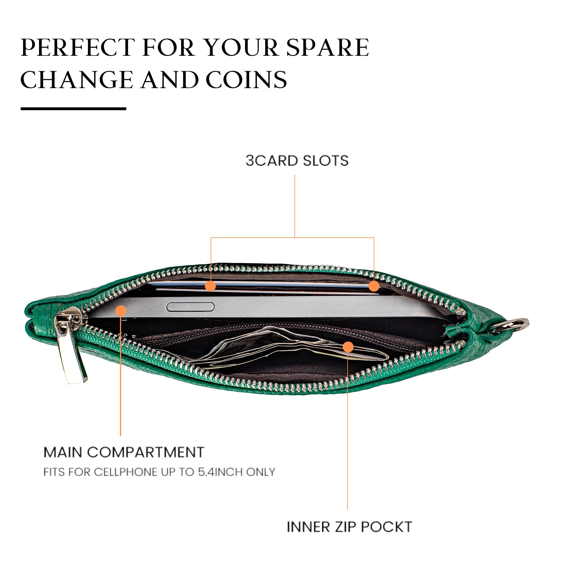 befen Genuine Leather Coin Purse for Women, Small Black Change Purse Womens Small Zipper Wristlet Wallet, Wristlet Money Bag Mini Coin Pouch with Removable Wrist Strap, Green