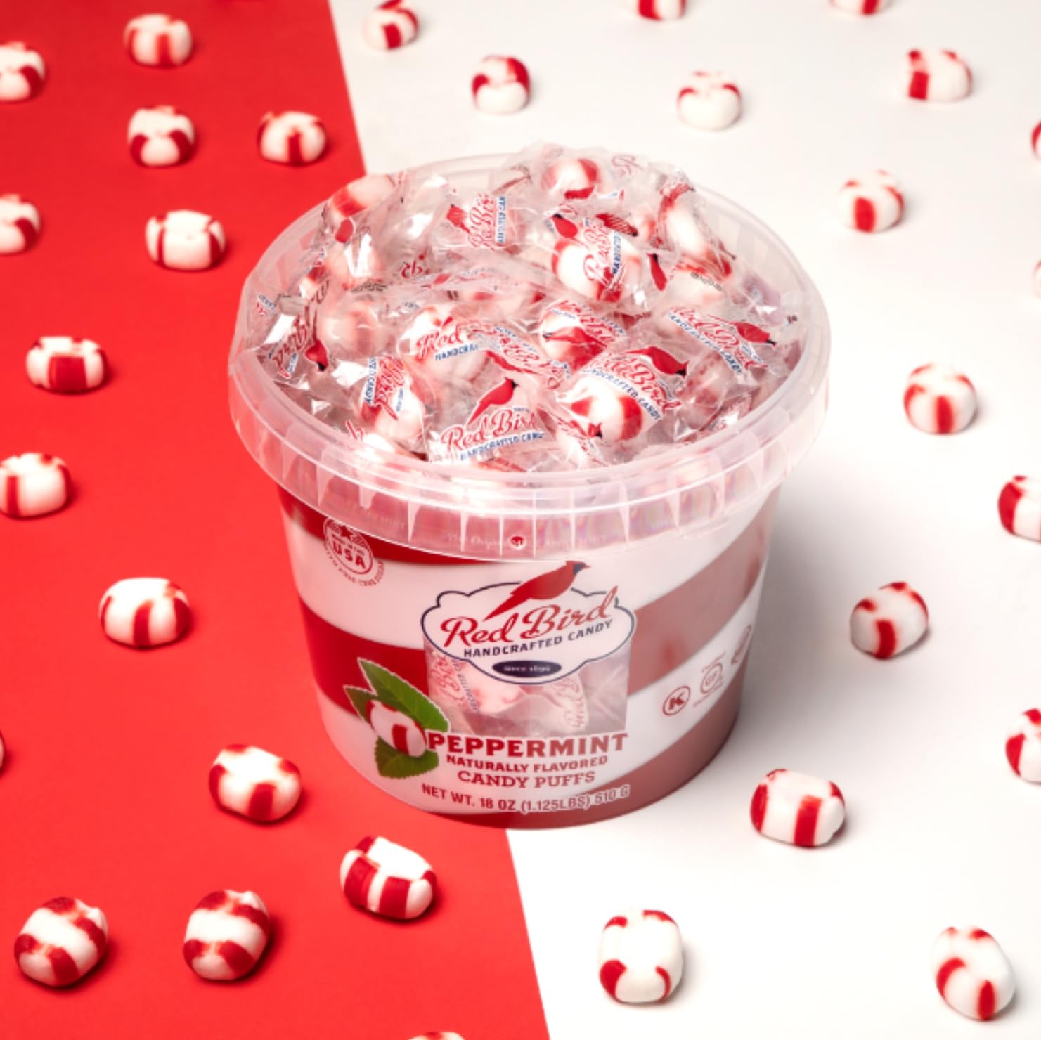 Red Bird Soft Peppermint Candy Puffs, 18 oz Bucket of Mints, Individually Wrapped Christmas Candy, Non-GMO Verified, Kosher