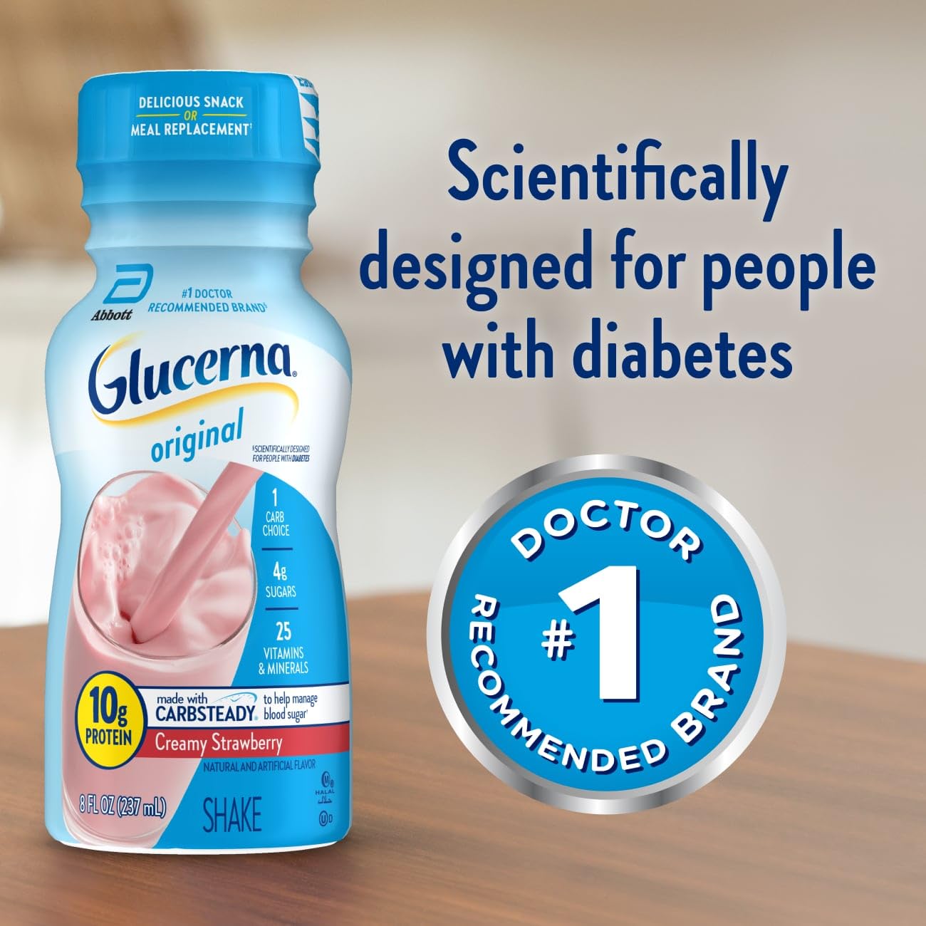 Glucerna Original Nutritional Shake, Diabetic Drink to Support Blood Sugar Management, 10g Protein, 180 Calories, Creamy Strawberry, 8-fl-oz Bottle, 6 Count