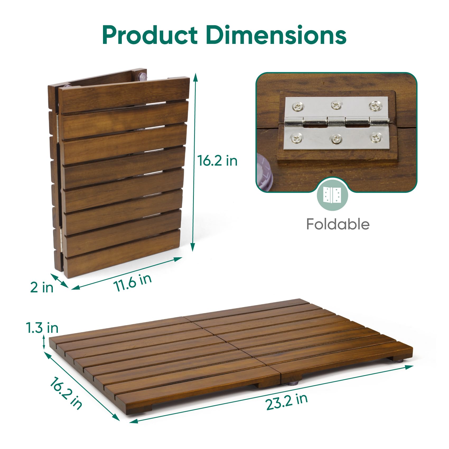 Smuxee Foldable Teak Wood Bath Mat, 23.2" x 16.2'' Shower Mat with Non-Slip, Wooden Floor Mat for Bathroom, Pool and Sauna