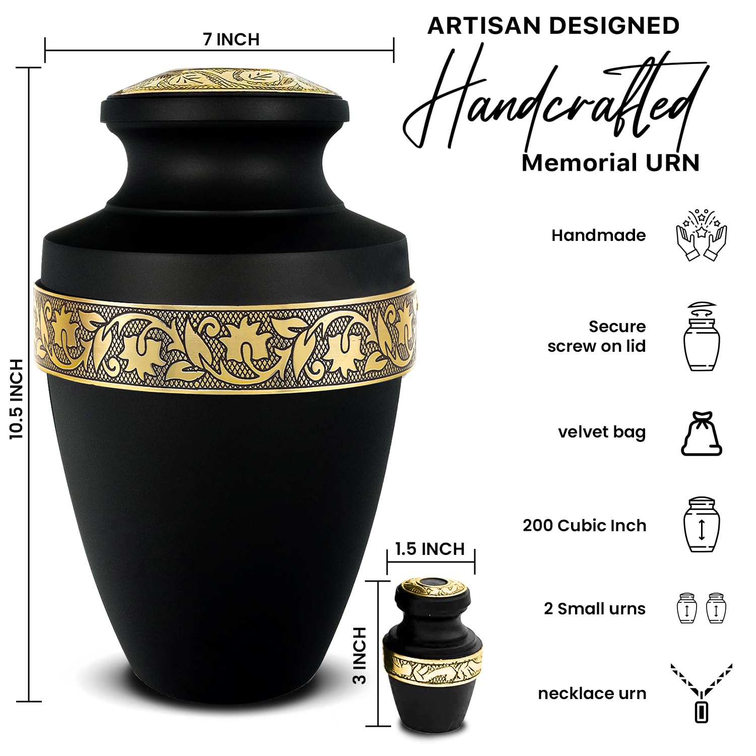 AmericUrn Set of 4 Funeral & Cremation Urn for Ashes Adult Male & Female with 1 Large Grecian Black Decorative Urn for Human Ashes Adult Man 2 Small Keepsakes & 1 NecklaceUrn-Handcrafted in India