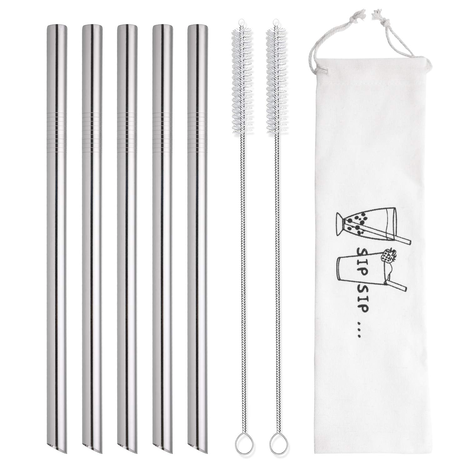 [Angled Tips] 5 Pcs 10" Reusable Bubble Tea Straws & Smoothie Straws, 0.5" Wide Stainless Steel Straws, Metal Straws for Bubble Tea/Tapioca Pearl, Milkshakes, Jumbo Drinks | 2 Cleaning Brushes