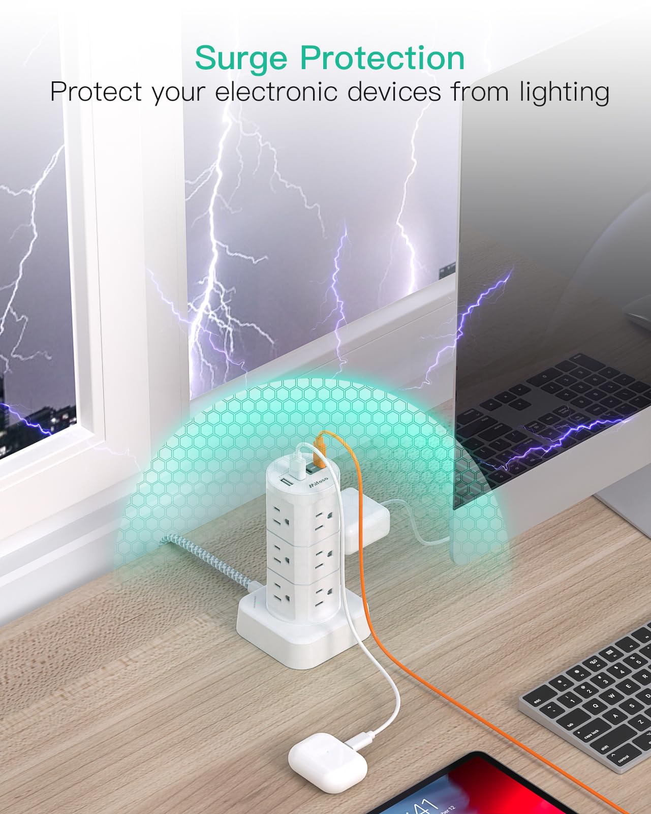 Power Strips with Surge Protection, Flat Plug Power Strip with 12 Outlets 4 USB Ports, Surge Protector Tower 1875W/15A 1080J, 6Ft Extension Cord with Multiple Outlets, Office Supplies, Dorm Essentials