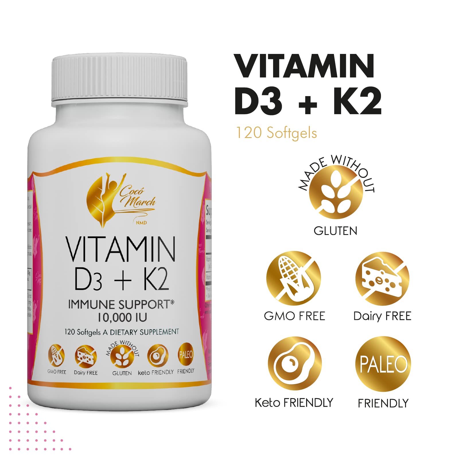 Coco March Vitamin D3+K2 10,000 IU - 4 Month Supply HIGH POTENCY - Immune & Joint Health Gluten Free, GMO Free, Dairy Free, Keto Friendly, Paleo Friendly, 250 mcg of D3-180 mcg of Vitamin K2