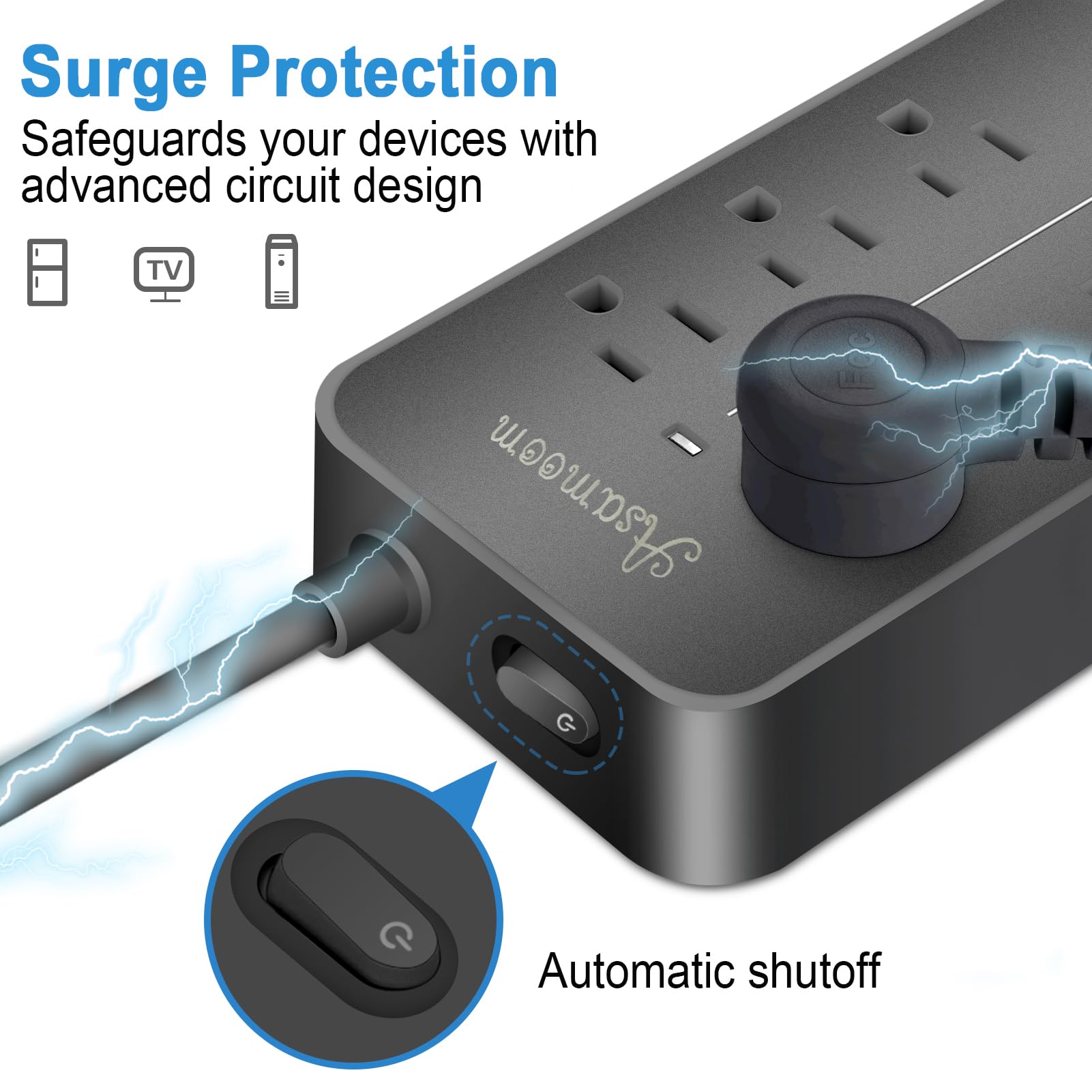 25FT Surge Protector Power Strip Extension Cord with USB C, Asamoom Flat Plug Power Strip with Long Cord, 8 Outlets and 3 USB A & 1 USB-C Port,1700J Wall Mount Desk Power Strip for Home Office Black