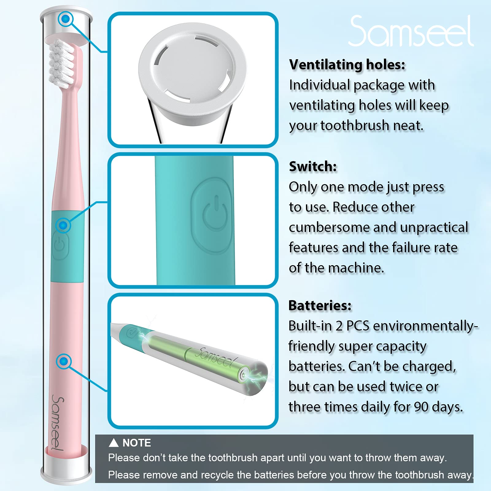 Samseel (2-Pack, White and Pink Sonic Electric Toothbrush Lasting for 90 Days Travel Essential Waterproof Portable Mini Design for Daily Oral Care Business Travelling and Holiday Use