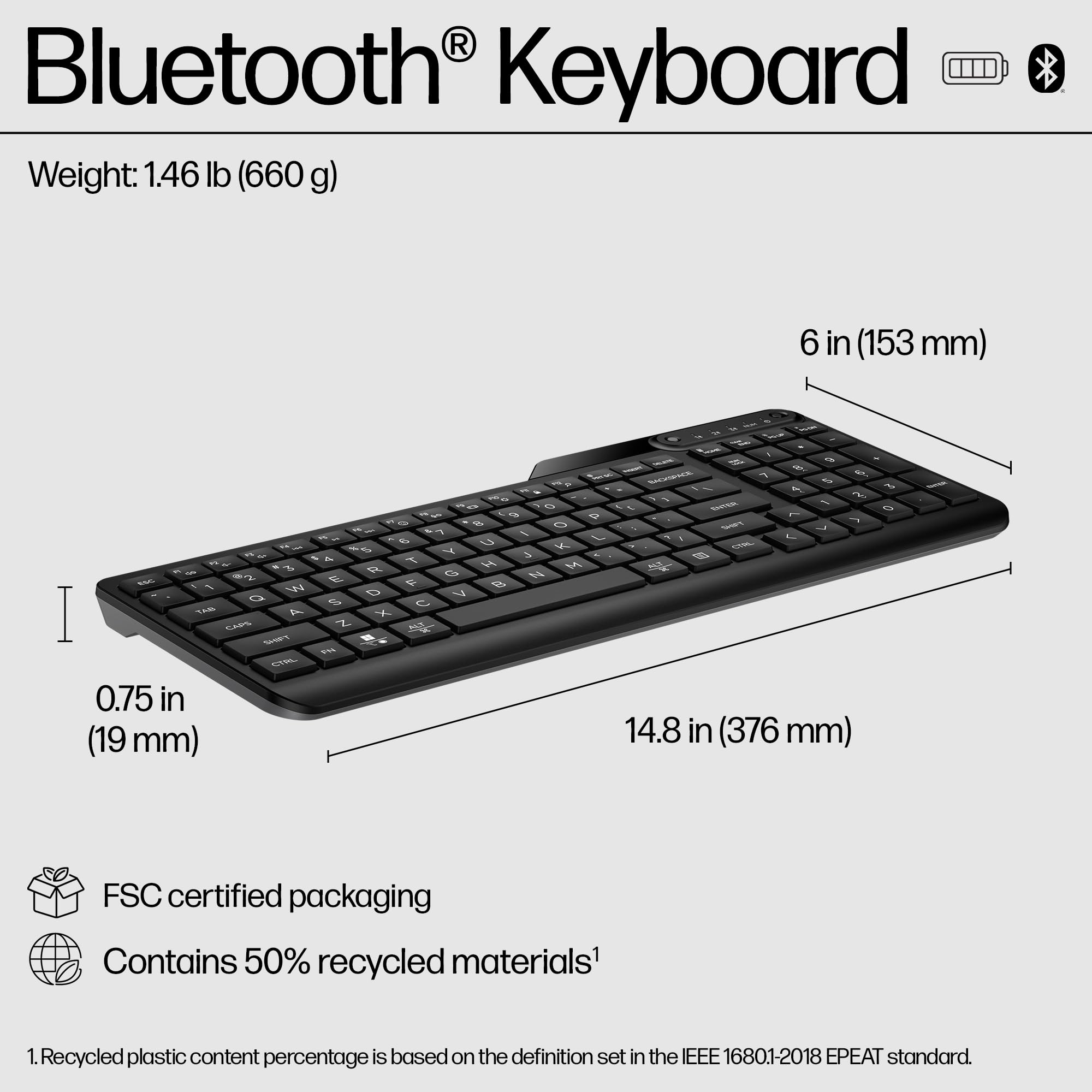 HP 460 Multi-Device Bluetooth Keyboard - Multi-OS Compatible - Full-Size Keyboard w/Numpad - 12 Programmable Buttons, Quick Switch Key - 24-Month, AAA Battery Life - Responsibly Made (Black)