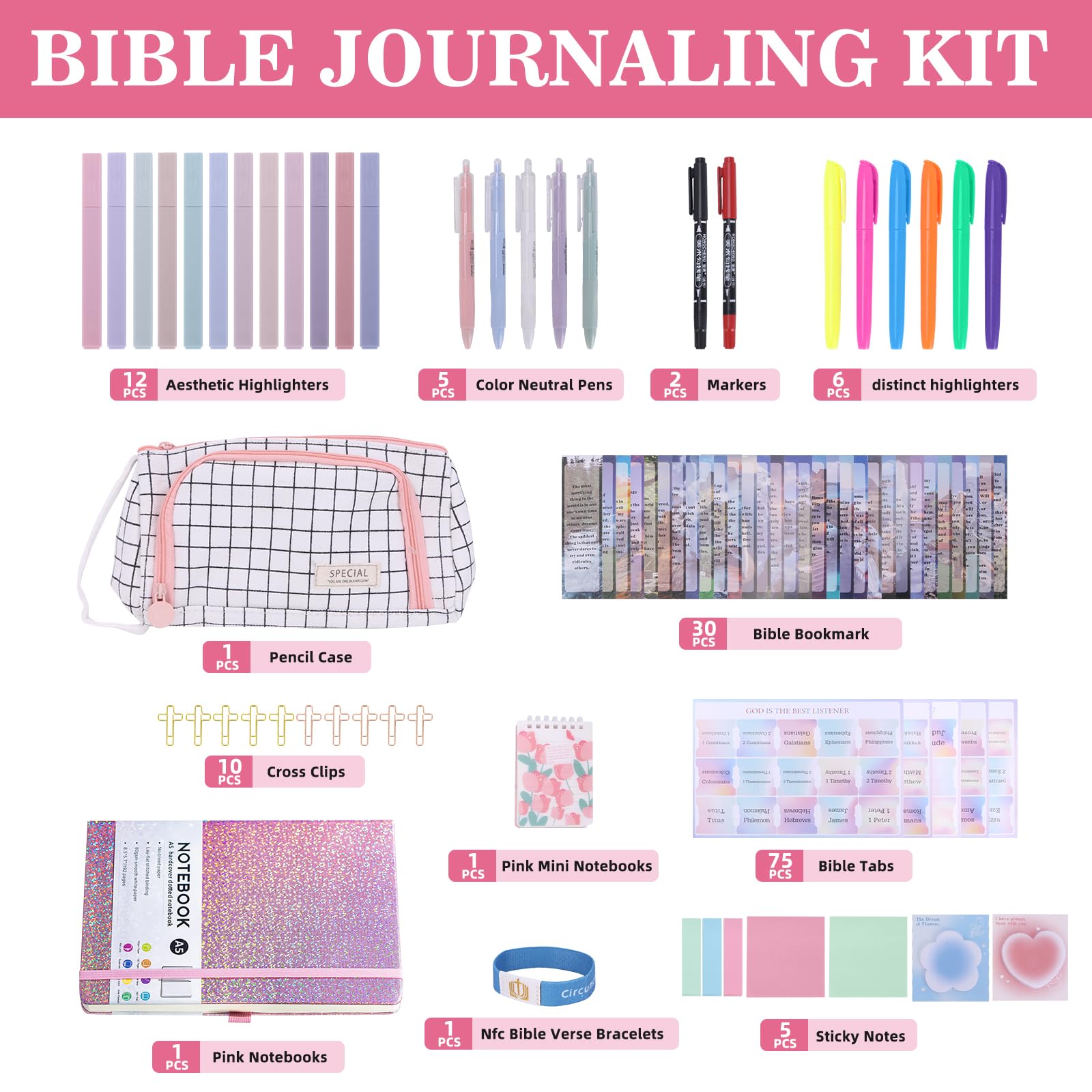 Bible Study Supplies with Daily Bible Verse Bracelets,Bible Journaling Kit for Women with Tabs Notebook and Pen Case Bible Bookmarks highlighters.Bible Tools for Students Beginner, Christian Gifts