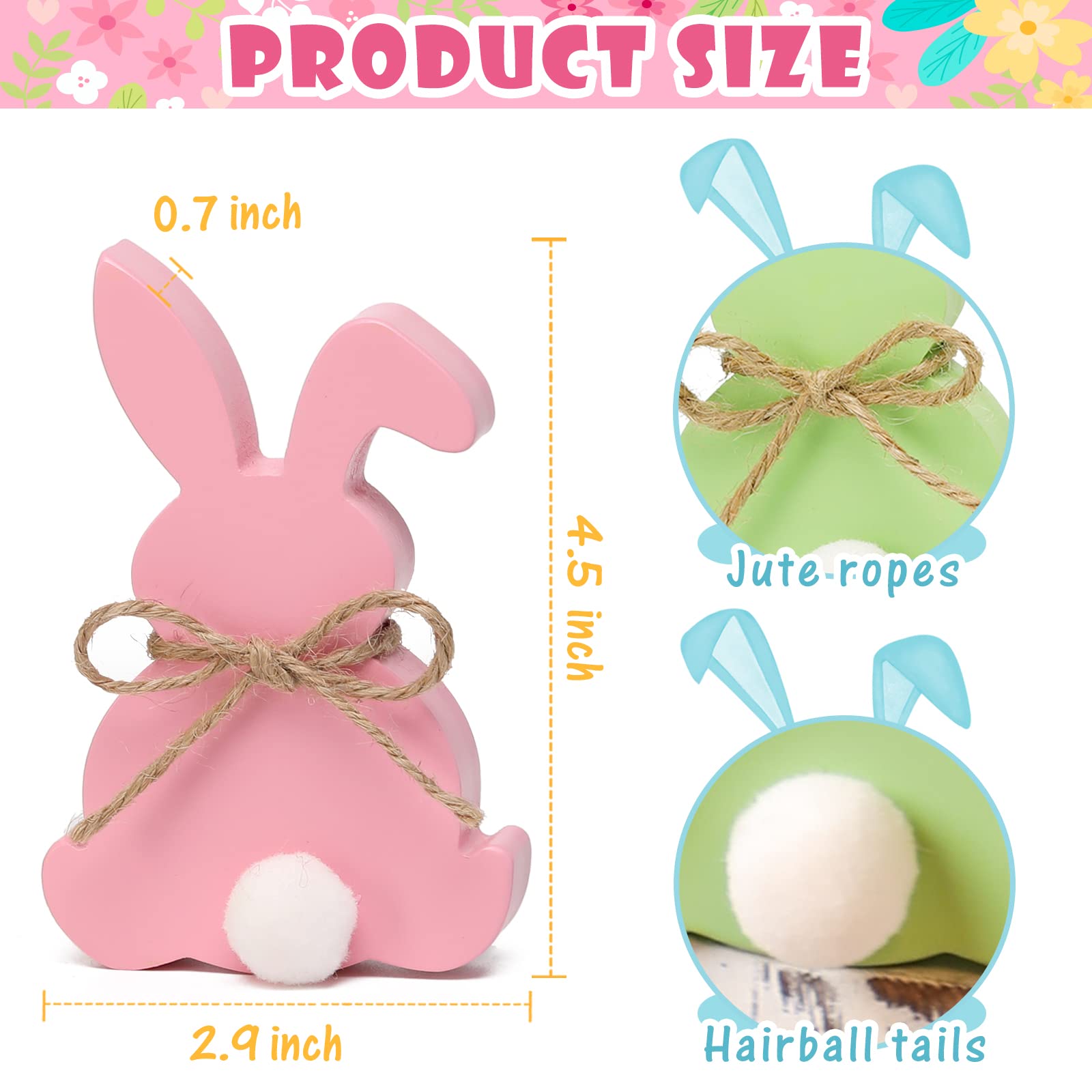 Easter Decorations, 5pcs Wooden Easter Bunny Table Sign with Jute Rope, Easter Wood Tiered Tray Decor Freestanding Easter Table Decorations