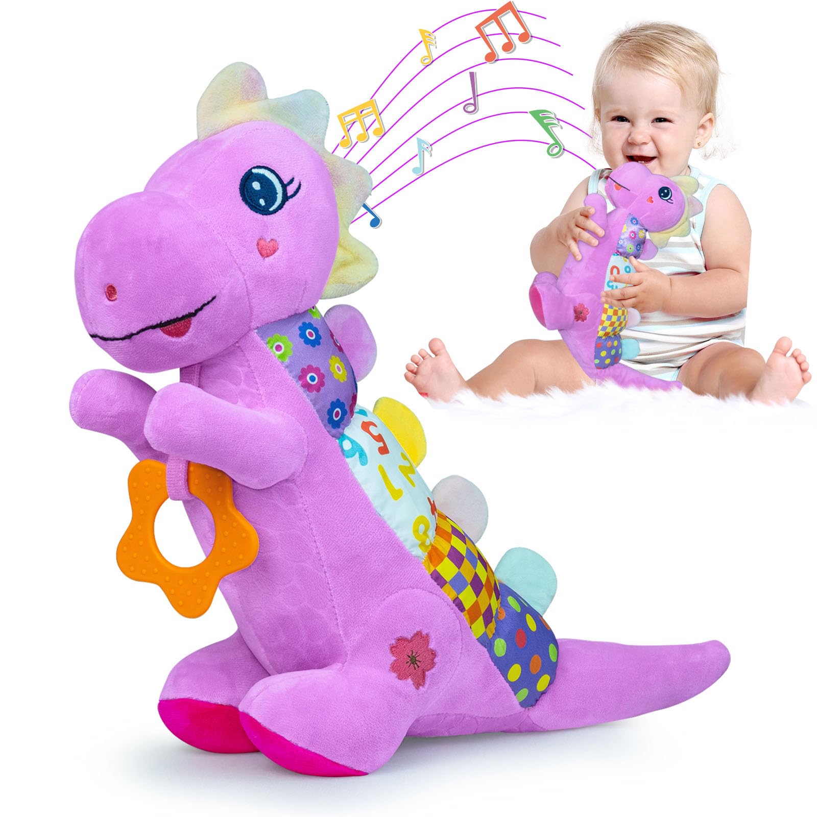 Baby Dino Musical Stuffed Animal Toys for 0-3-6-9-12 Months，Infant Dinosaur Tummy Time Toys with Crinkle Sound Paper，Teether，Textures & Rattles for Newborn Boys Girls Birthday Gifts，Purple