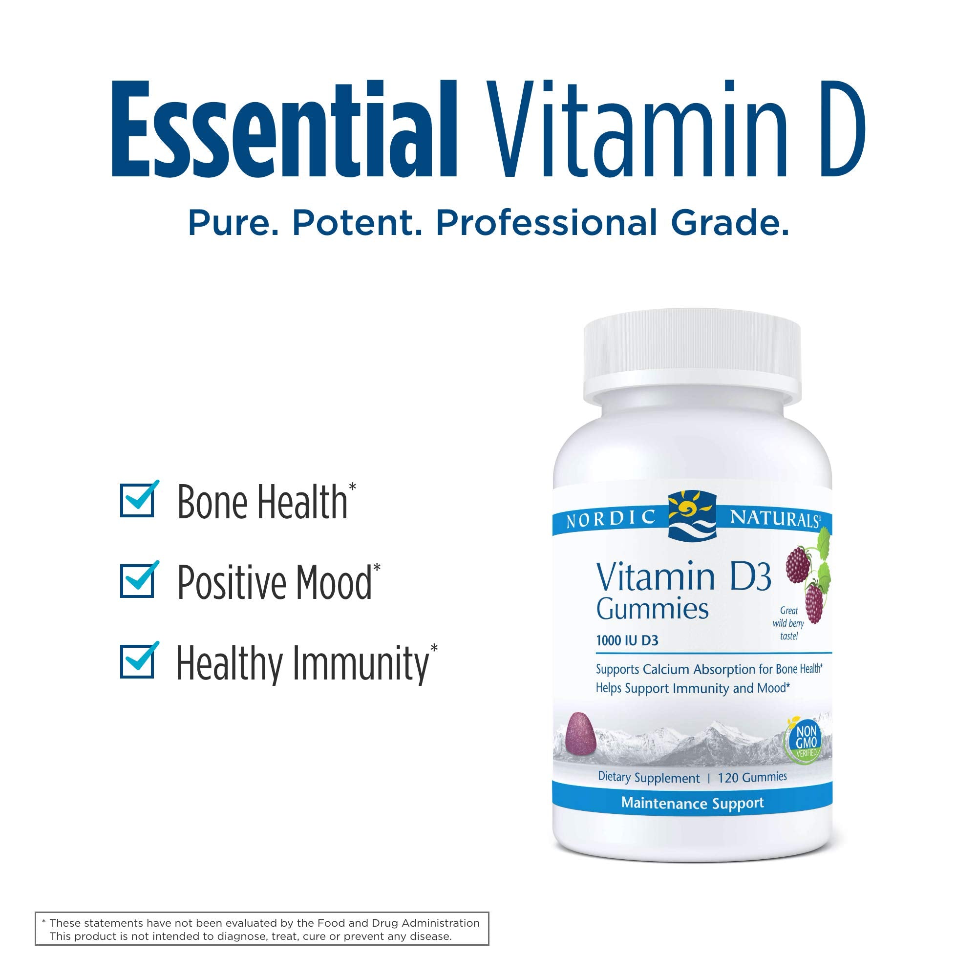 Nordic Naturals Pro Vitamin D3 Gummies, Wild Berry - 120 Gummies - 1000 IU Vitamin D3 - Great Taste - Healthy Bones, Mood & Immune System Function - Non-GMO - 120 Servings