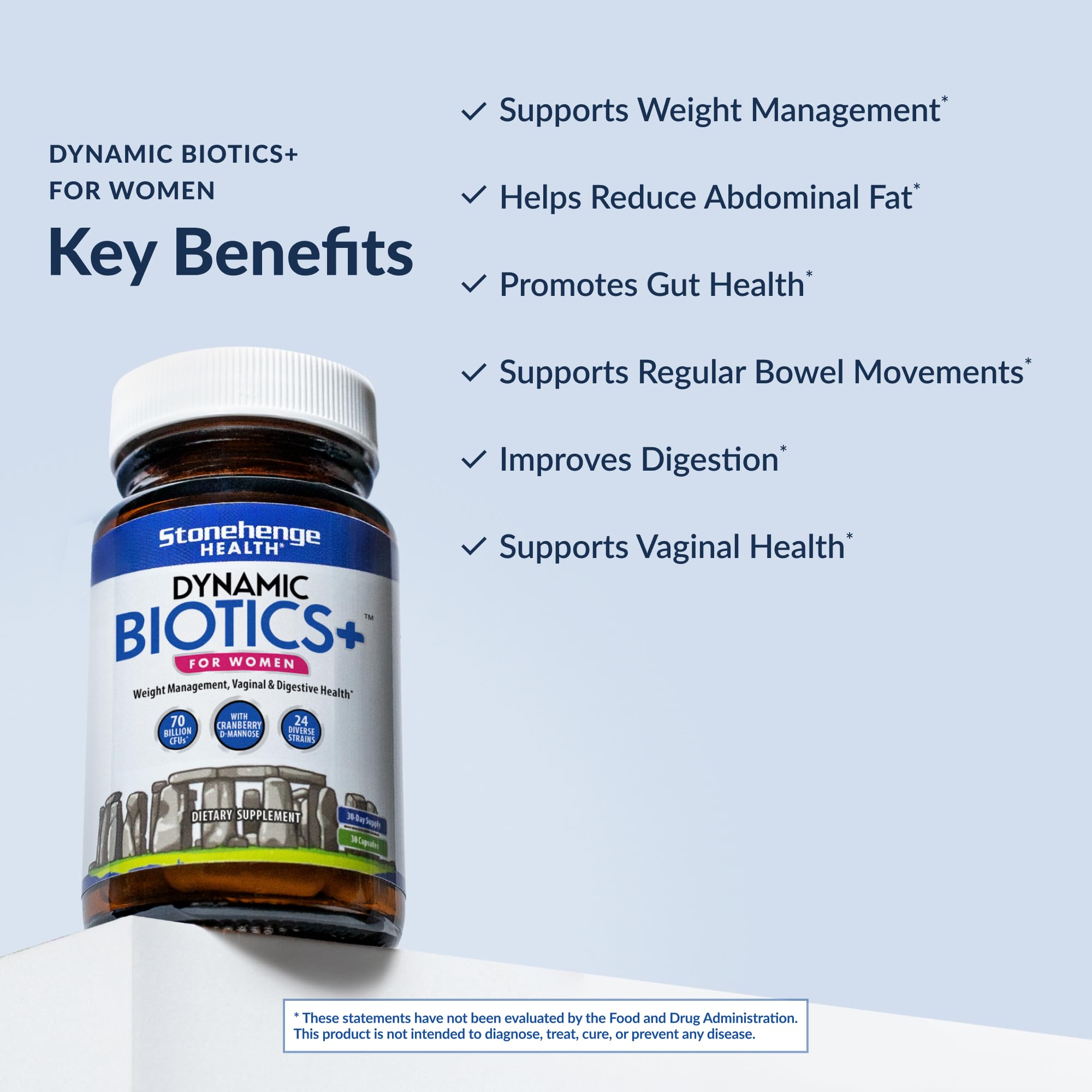 Stonehenge Health Probiotics 70 Billion CFU + 24 Strains, Prebiotic, Dynamic Biotics+ for Women, New Formula for Weight Management, Digestive & Vaginal Support, Delayed Release Shelf Stable Non-GMO