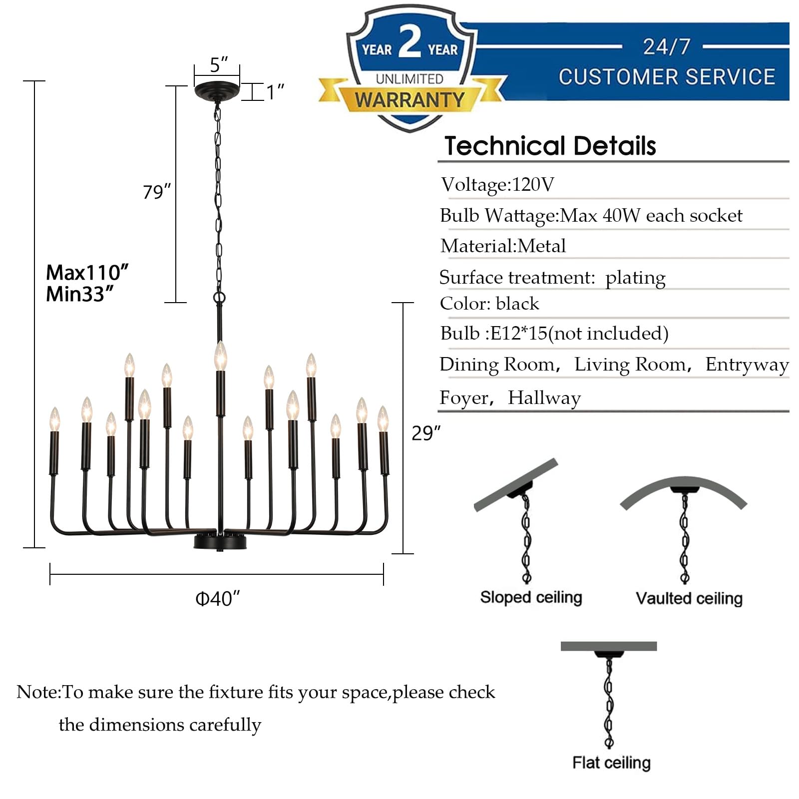 Gifarich Black Chandeliers for Dining Room Light Fixture Over Table, Modern Farmhouse Chandeliers for Living Room, 15-Lights Industrial Metal Candle Chandeliers for Entryway Kitchen Island Foyer