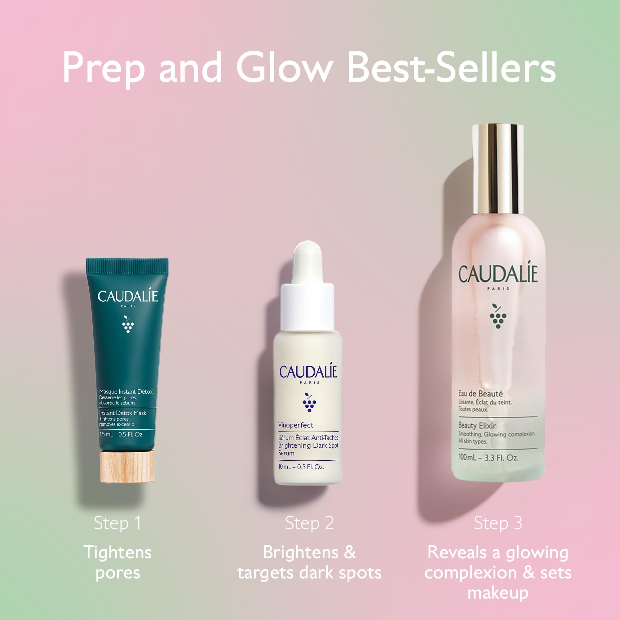 Caudalie Prep & Glow Best-Sellers Skin Care Set - Full-Size Beauty Elixir + FREE Instant Detox Mask 15ml + FREE Vinoperfect Radiance Serum 10ml ($85 Value)