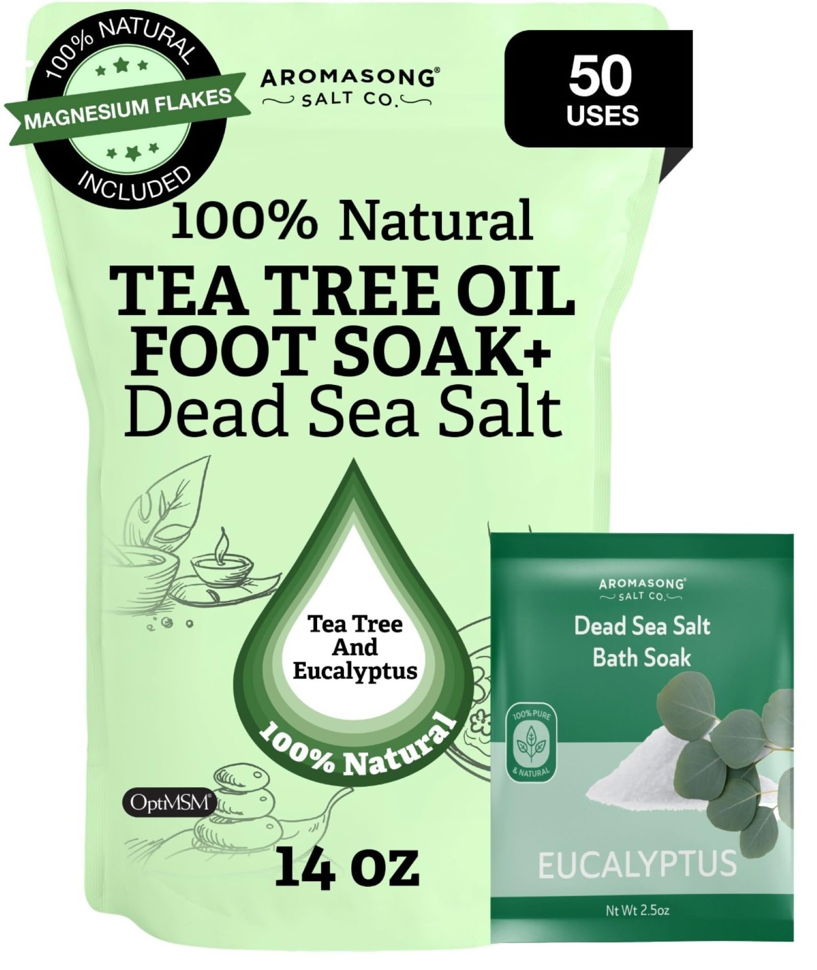 Aromasong Tea Tree Foot Soak 14 oz & Eucalyptus Dead Sea Salt Bath Soak 2.5 oz – Natural Bundle for Tired Feet, Muscle Relief, Odor Control & Refreshing Home Spa Experience