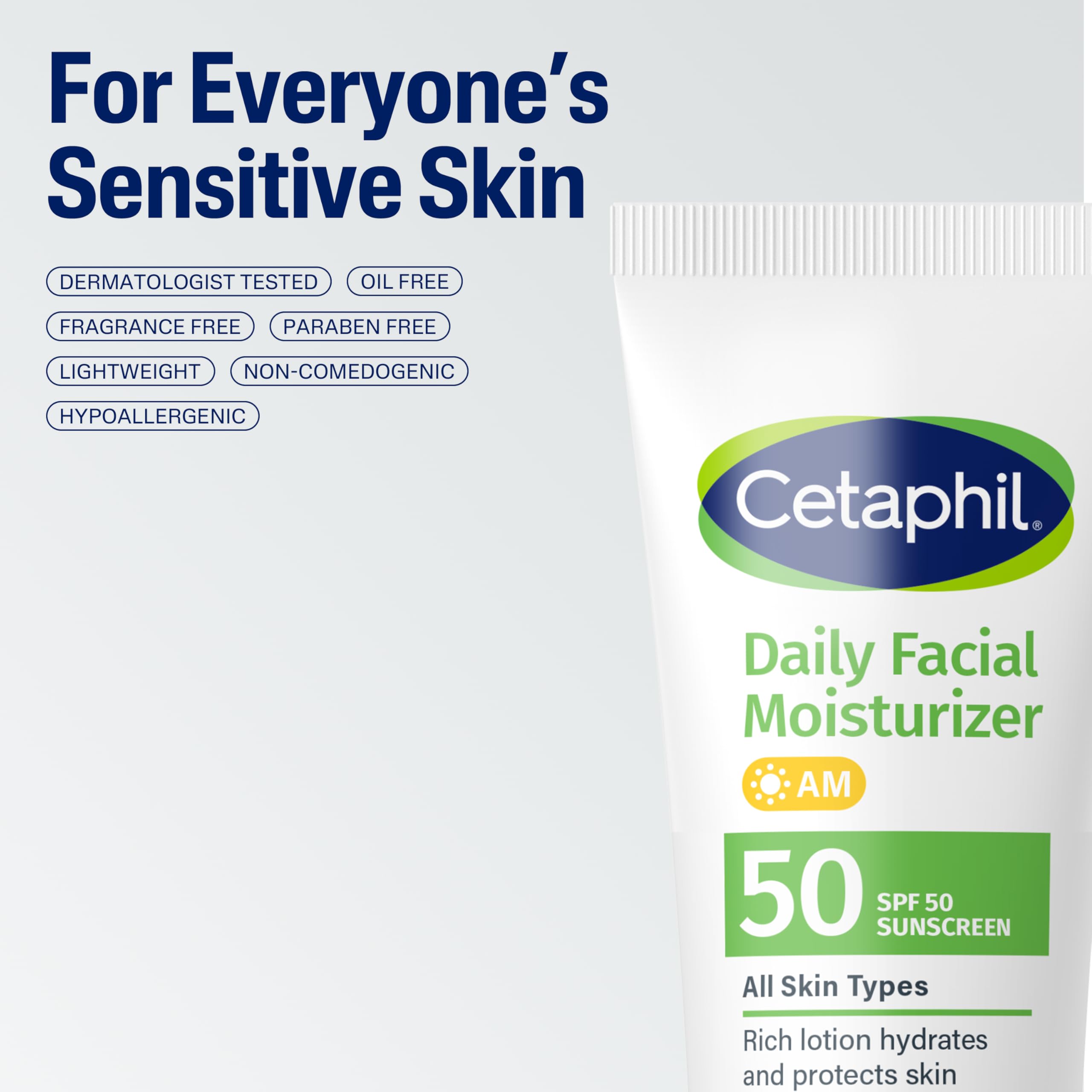 Cetaphil Daily Facial Moisturizer SPF 50, 1.7 Fl Oz (Pack of 2), Gentle Facial Moisturizer For Dry to Normal Skin Types, No Added Fragrance, Dermatologist Recommended (Packaging May Vary)
