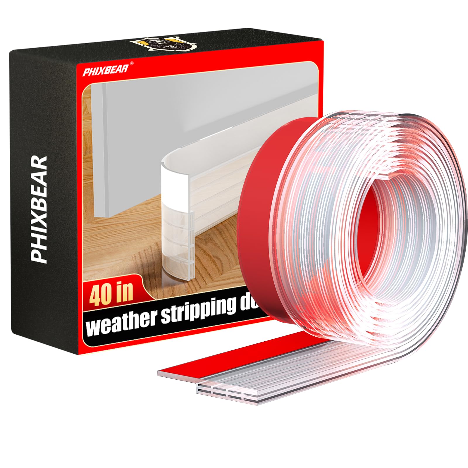 Silicone Door Draft Stopper, Phixbear Transparent Weather Stripping Door Seal, Exterior Door Draft Stopper Heavy Duty Adhesive, Suitable for Windproof, Warmth and Sound Insulation Under Doors 2" x 39"