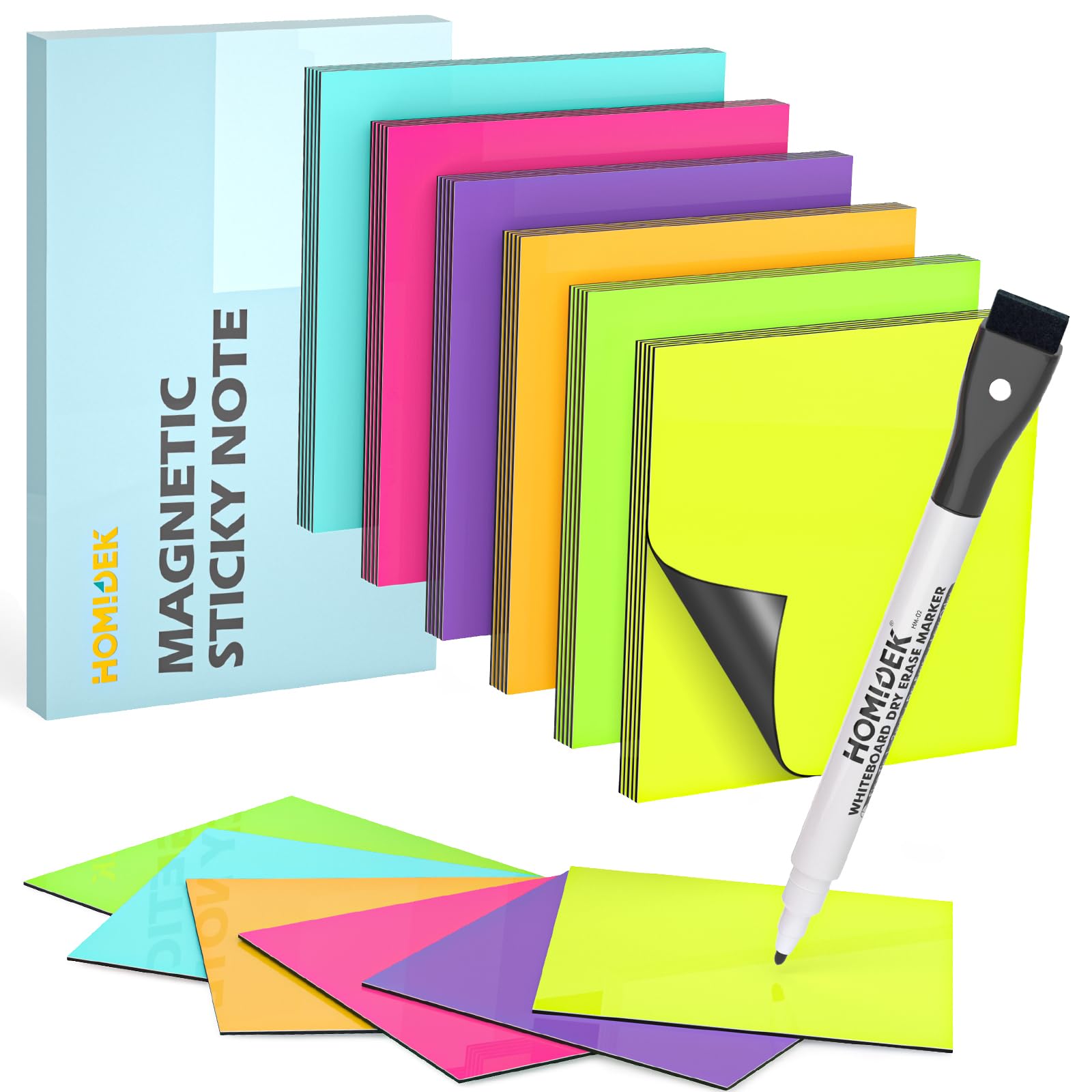 HOMiDEK Reusable Magnetic Sticky Notes, (30 Pack, 3x3 in) Dry Erase Magnets Magnetic Labels with Marker, Easy to Post Notes for Whiteboard, Fridge, Locker, Cabinet, Door - Office & Classroom Supplies