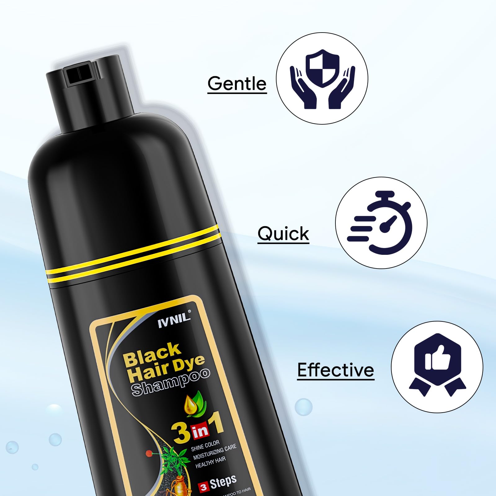 Ivnil Black Hair Dye Shampoo 3 in 1 Semi Permanent Hair Color Shampoo for Women & Men for Gray Hair Coverage, shampoo para pintar el cabello