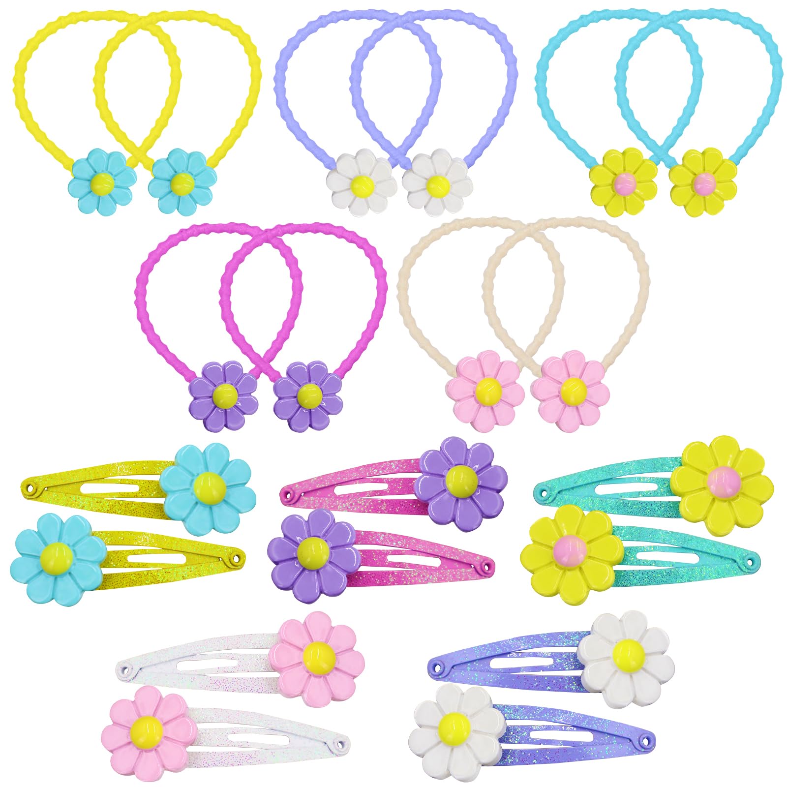 PinkSheep Flower Hair Accessory for Toddler Baby Girls 20PCS Resin & Metal Snap Barrettes, Hair Ties Soft Rubber Bands, Colorful for Kids Aged 0-6, Great Gift