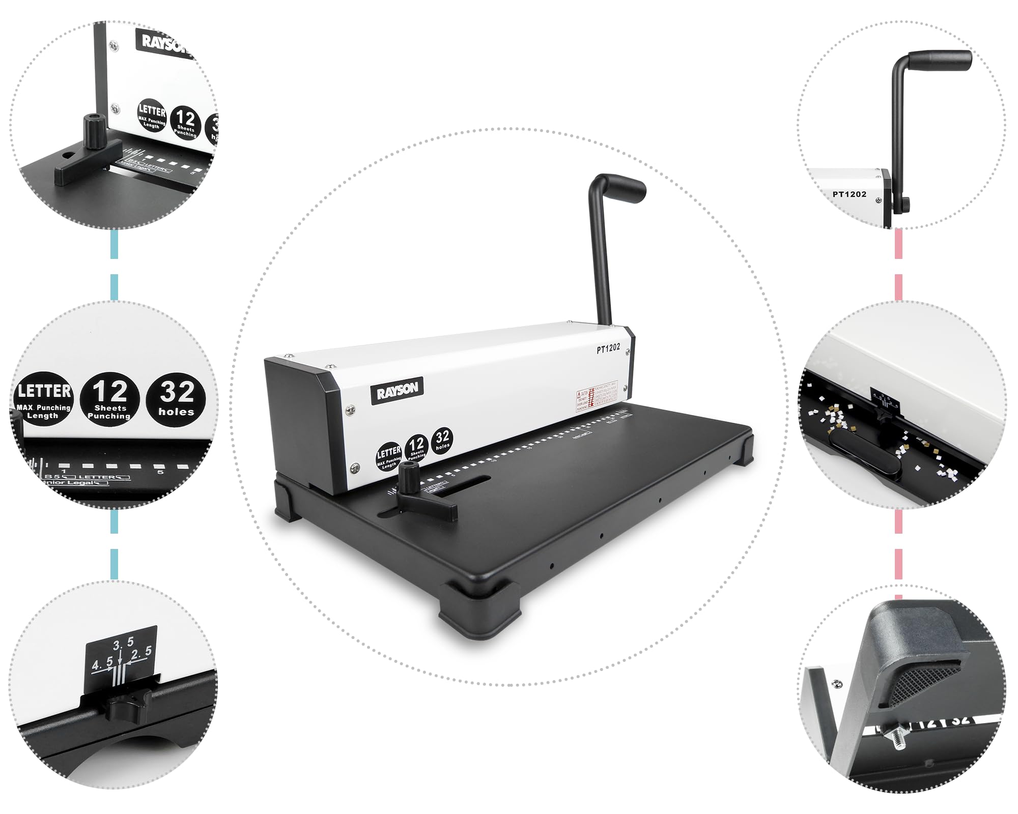 Rayson PT1202 Binding Machine, 3:1 Pitch, 32-Holes, Punch 12 Sheets with Sturdy Metal Construction