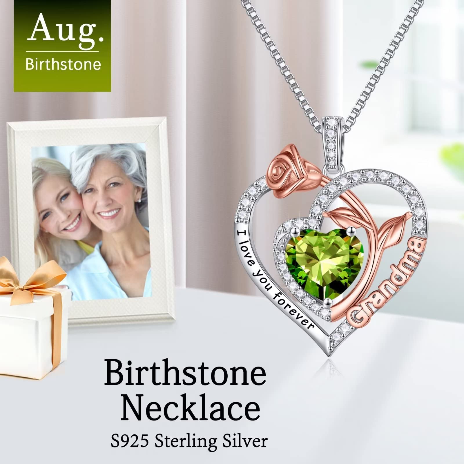 Iefil Grandma Christmas Gifts - Heart Birthstone Necklace Nana Grandma Gifts Necklace Christmas Birthday Gifts for Grandma Peridot Necklace August Birthstone Jewelry Gifts for Grandma