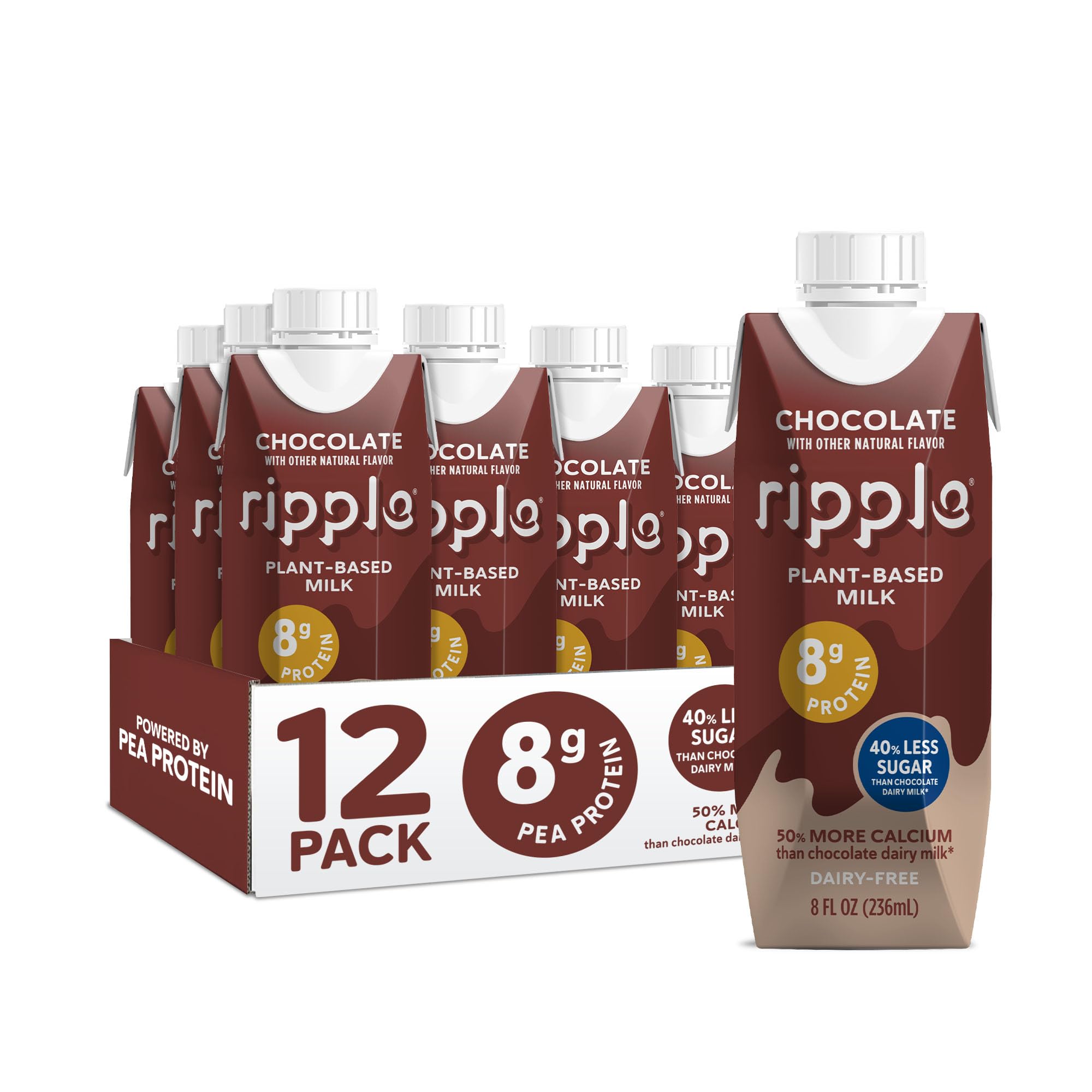 Ripple Non-Dairy Milk, Chocolate| Vegan Milk With 8g Pea Protein | Shelf Stable Single Serve Cartons | On-The-Go | Non-GMO, Plant Based, Gluten Free | 8 oz, 12 Pack