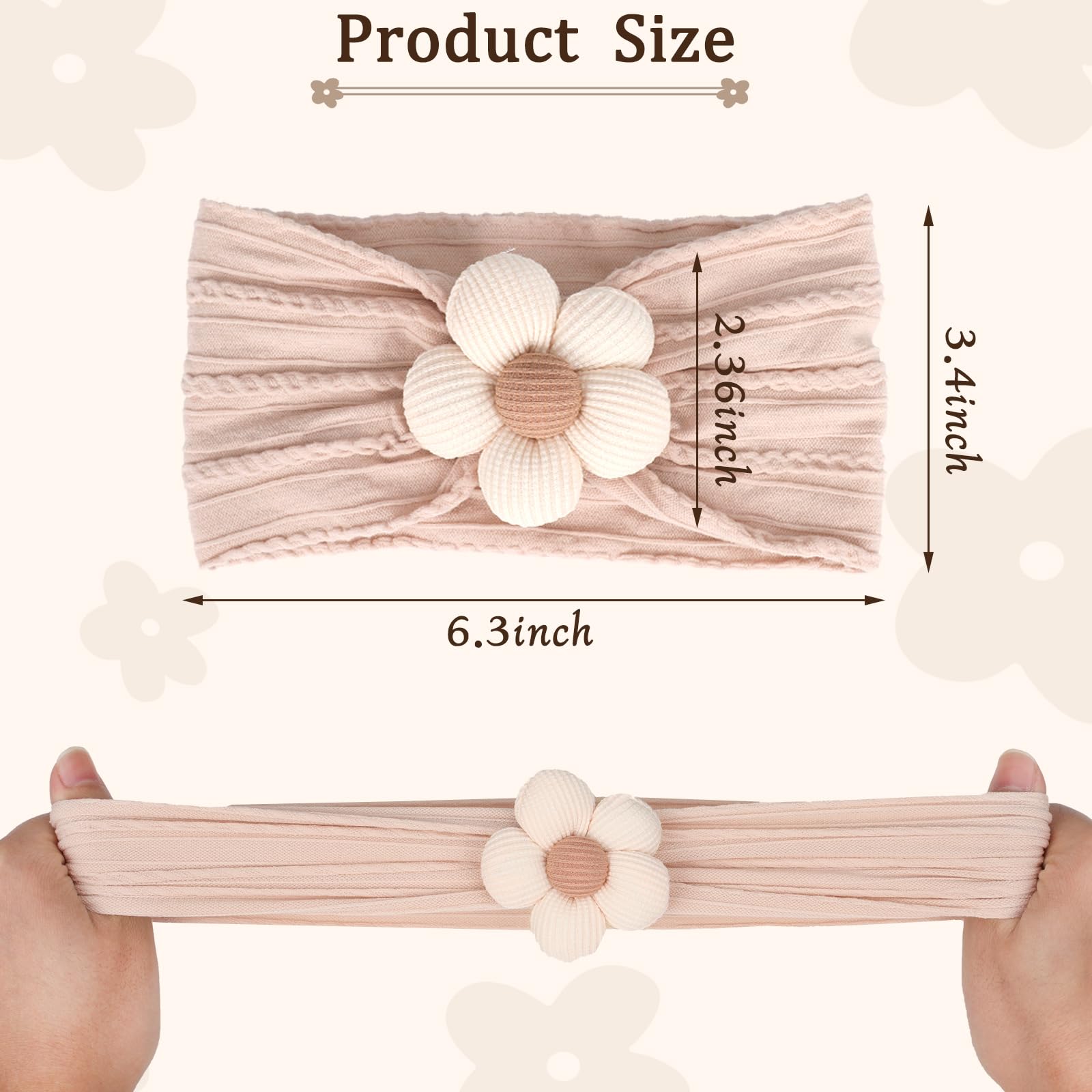 MIUXUESO 3 Pcs Baby Flower Headbands Baby Girls Nylon Headbands Soft Hairbands Hair Accessories for Newborn Infant Toddler Kids（Beige Pink Khaki）