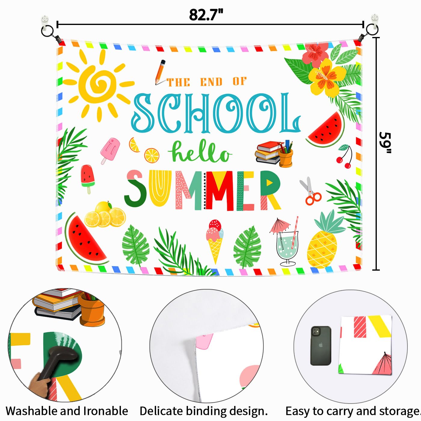 White End of School Backdrop Hello Summer Background School's Out of Summer Banner, Ladvis 82.7"x 59" Kids Boys Girls Holiday Party Decorations Tropical Photoshoot Supplies Photography Photo Props