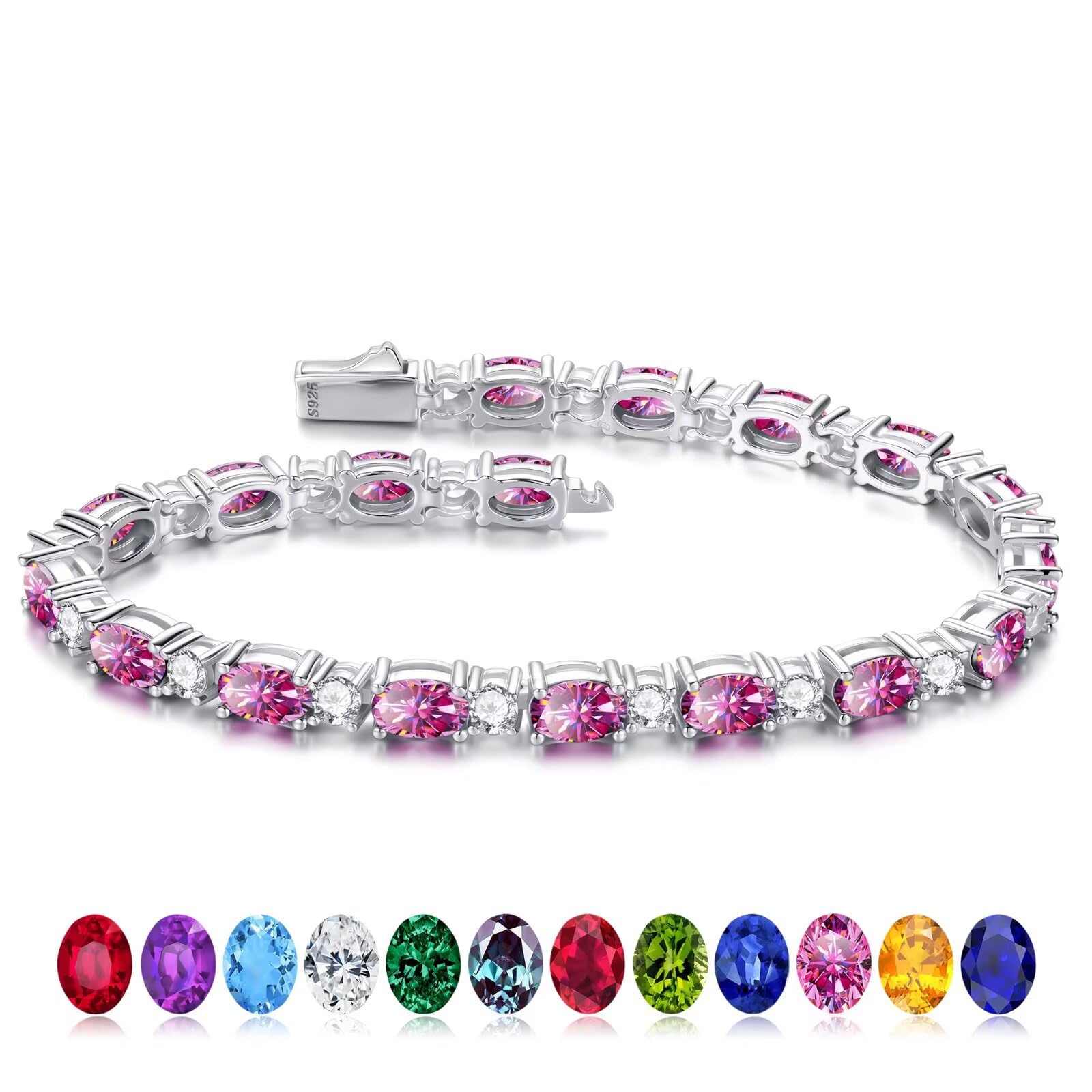 Iefil Simulated Pink Sapphire Tennis Bracelets for Women, October Birthstone Bracelet Sterling Silver, Anniversary Birthday Gifts for Women, Jewelry Gifts for Woman Her,6.5"