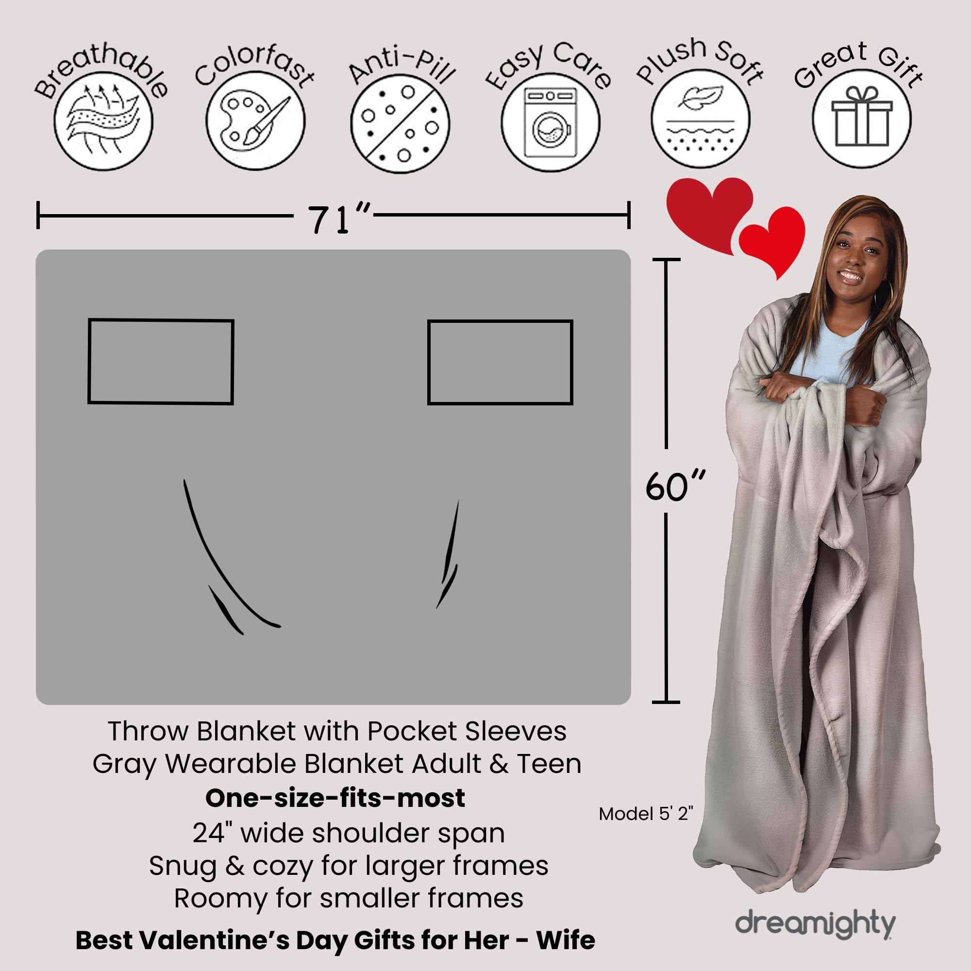 Adult Wearable Blanket Men with Sleeves - Birthday and Valentines Day Gifts for Her Wife - Cozy Wearable Blankets for Women - Comfy Valentine's Gift for Men, Girlfriend, Mom - Light Gray Throw Blanket