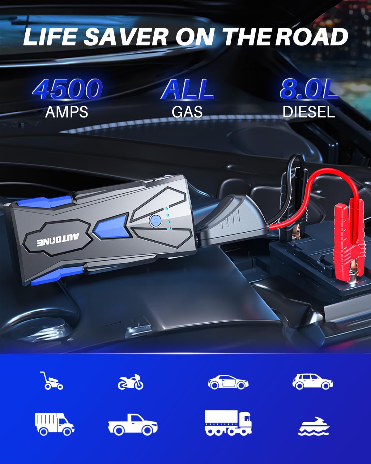 AUTOONE Car Battery Jump Starter, 4500A Peak Current Car Battery Jumper Starter Portable Up to All Gas & 8.0L Diesel Engine Jump Box with USB Output, Storage Case, LED Light