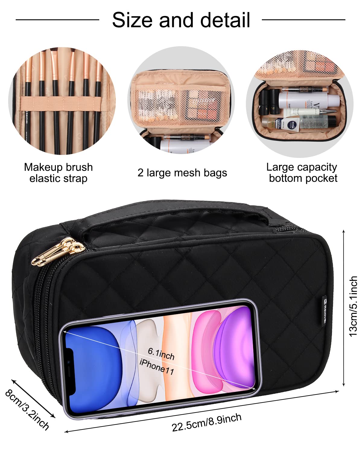 Relavel Makeup Bag, Small Makeup Bag for Women, Travel Cosmetic Bag, 2 Layers Waterproof Makeup Organizer Storage with Makeup Brush Holder, Black