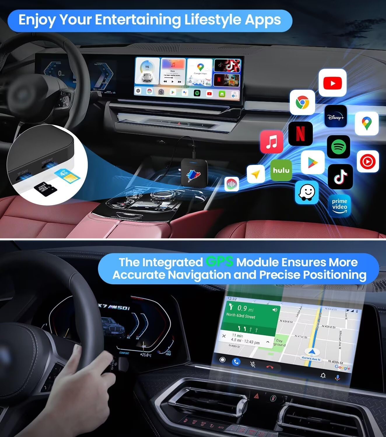 BMW Carplay AI Box 5.0, 2024 Newest Android 10.0 QCM 6125 8-Core 4+64GB Online YouTube/Netflix/Google Store, Support SIM&TF Card Exclusively for BMW1, 2, 3, 4, 5, 6, 7 Series, X1, X2, X3, X5, X6, X7