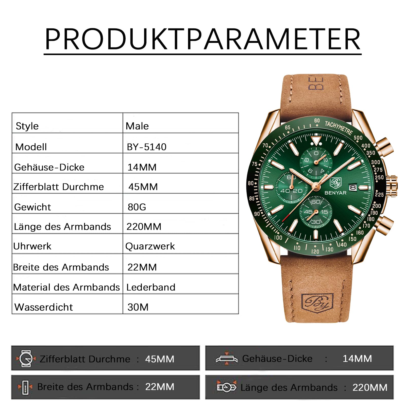 BENYAR Classic Fashion Quartz Chronograph Watch Casual Sport 30M Waterproof Leather Band Mens Watches (Green)