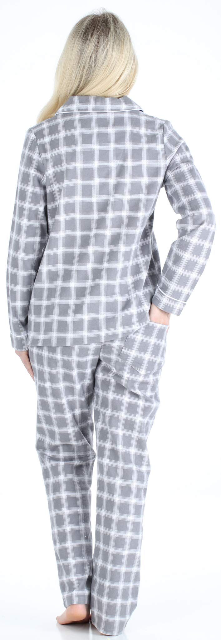 PajamaMania Women's Cotton Flannel Long Sleeve Button-Down Pajamas PJ Set, Black White Plaid, Large