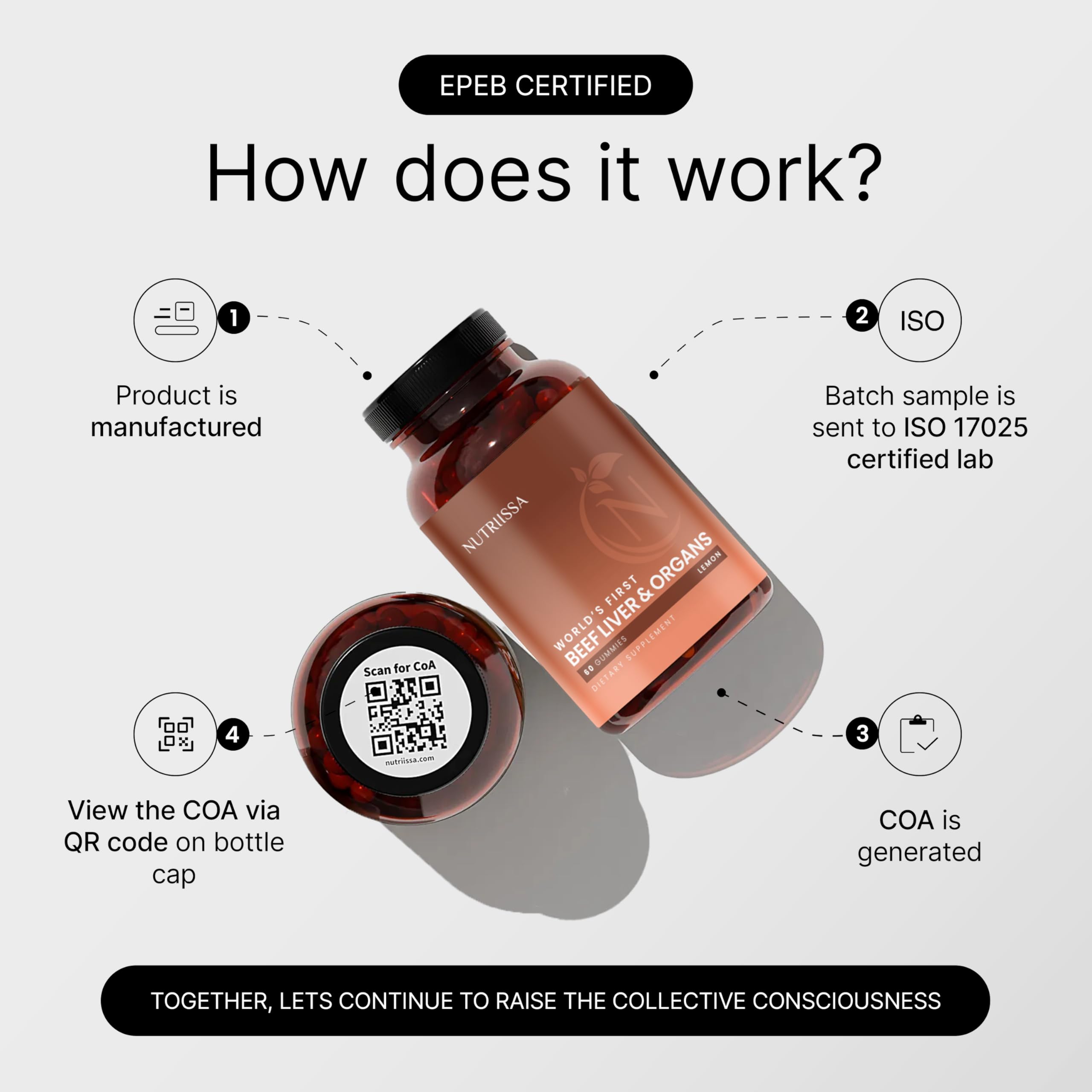 Nutriissa Beef Organ Gummies – Grass-Fed Organ Blend for Nutrient-Rich Support – Liver, Heart, Kidney, Pancreas & Spleen – EPEB Certified – 60 Lemon Flavored Gummies