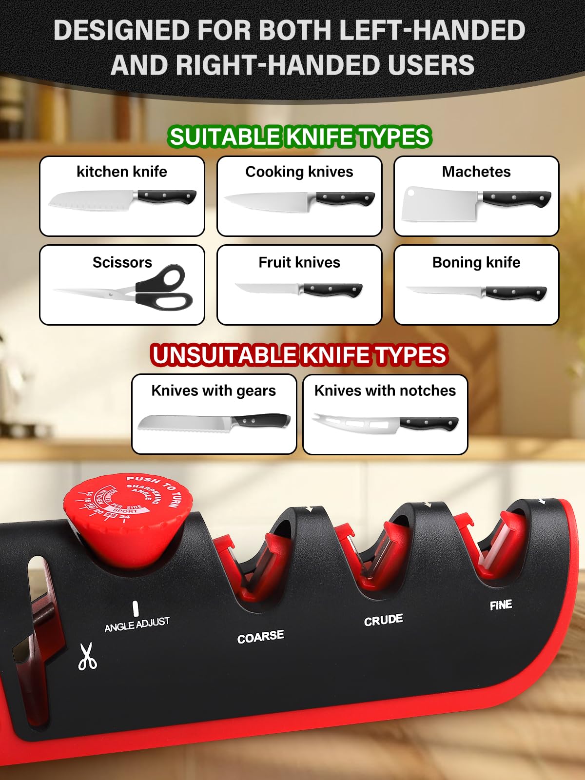 4 in 1 Knife Sharpeners, Kalolary Kitchen Knife Sharpener Handheld Knives Sharpening with Cut-resistant Glove Scissors Sharpener Adjustable Angle Knife Sharpener Tool for Blade Kitchen Knives Scissors