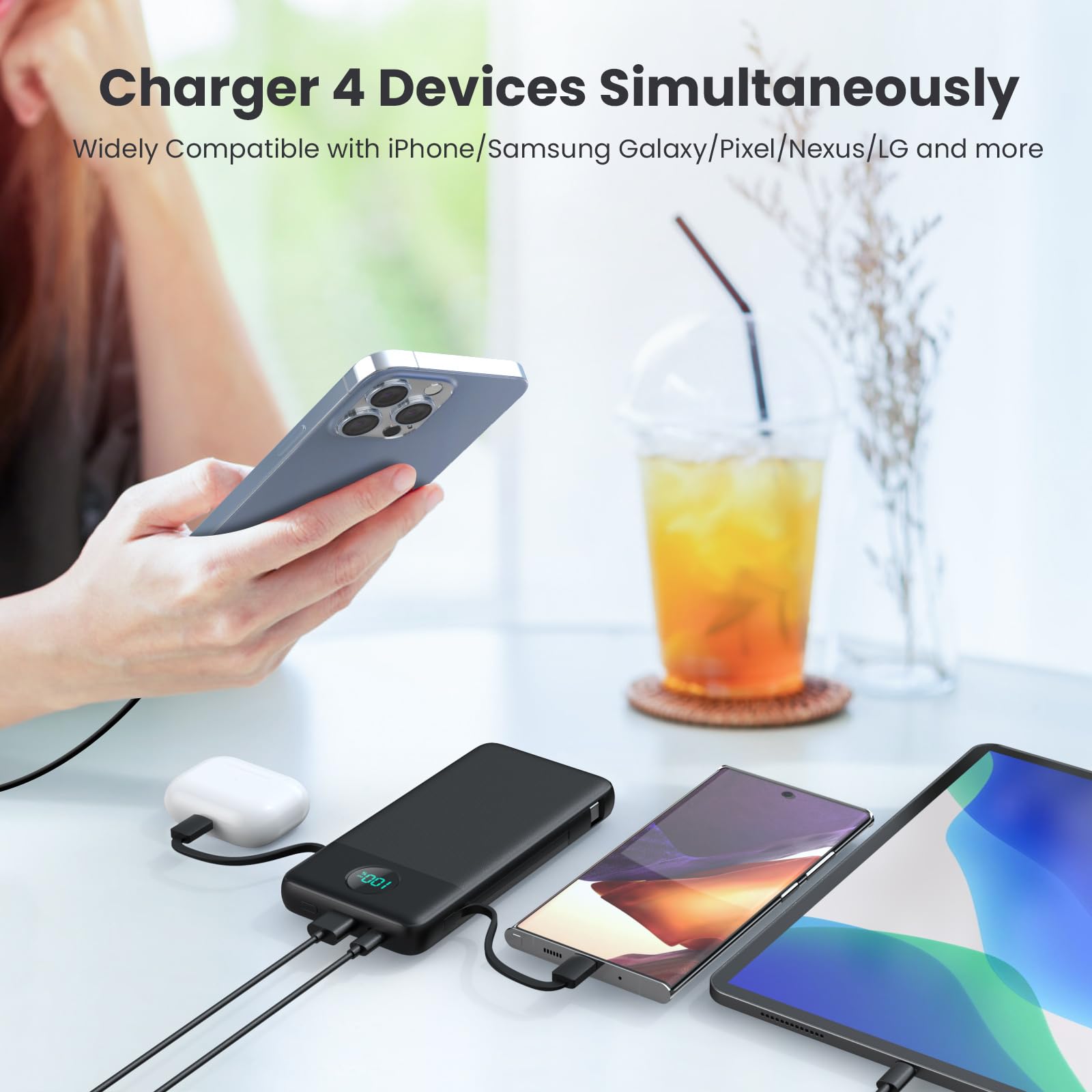 Portable Charger USB C Power Bank with 2 Built in Cables & AC Wall Plug,13800mAh Portable Battery Pack Fast Charging Compact LED Display Universal Compatible with iPhone 16/15,Galaxy S23,Tablets etc